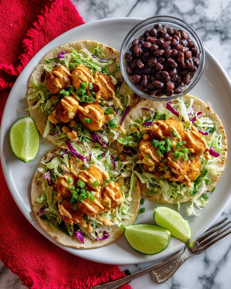 The image shows three tacos placed side by side on a white plate, each taco layered with a soft corn tortilla at the base. Inside each tortilla, there is a layer of shredded green and purple cabbage mixed with thinly sliced lettuce, topped with golden, crispy fried pieces that look like fish or tofu. On top of this filling, there is a drizzle of creamy white sauce and small bits of chopped green onions scattered over. At the edge of the plate, there are three lime wedges with bright green skin and pale green inside. Next to the tacos, there is a small white bowl filled with dark black beans. The plate sits on a white marbled surface with a silver fork seen to the right side. Photo taken with an iphone --ar 4:5 --v 7