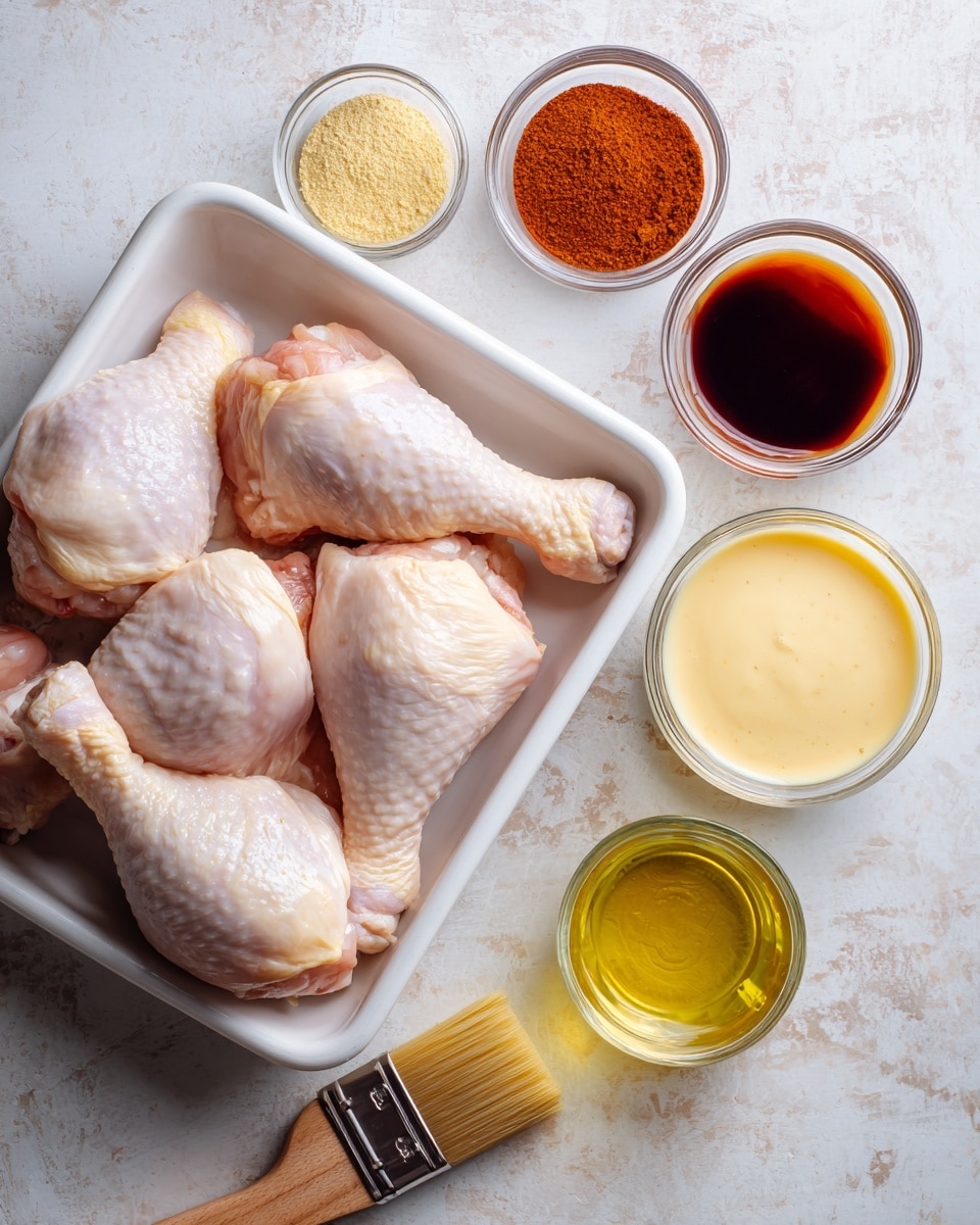 The image shows a white tray filled with raw chicken drumsticks and thighs, with pale pink skin and visible texture. Around the tray, on a white marbled surface, there are small glass bowls with different ingredients: one bowl holds a golden mustard sauce, another has a dark reddish-brown liquid, and a third contains a spice mix with a reddish and a light beige powder. A wooden brush with light bristles and a dark brown base rests next to the tray. The scene also includes a clear small glass cup with a pale yellow liquid and parts of a black pepper grinder. The setup is clean and organized, ready for cooking photo taken with an iphone --ar 4:5 --v 7