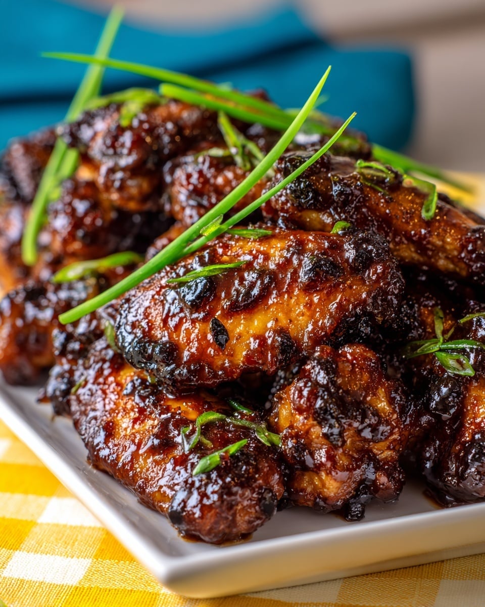 The image shows a white rectangular plate filled with shiny, dark reddish-brown grilled chicken wings. The wings have a glossy, sticky sauce coating and some charred spots. On top of the wings, there are several thin green onion pieces arranged diagonally. The plate sits on a table with a yellow checkered cloth and a blue cloth with white stripes in the background. The surface is a white marbled texture. photo taken with an iphone --ar 4:5 --v 7