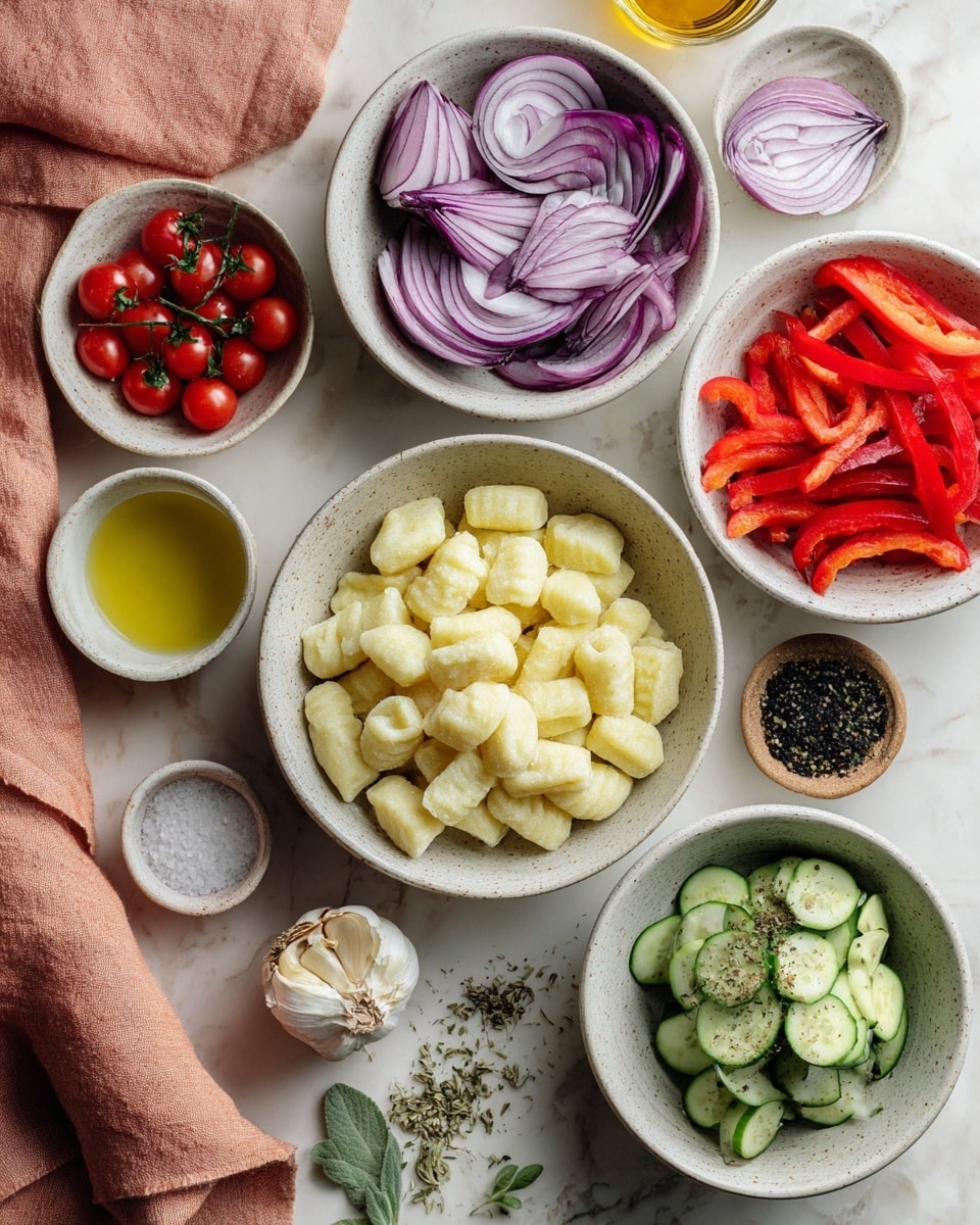 The image shows seven white bowls and small containers arranged on a white marbled surface. In the center, a larger white bowl is filled with light yellow gnocchi. To the right of it, a white bowl contains bright red sliced bell peppers. Above that, another white bowl holds thin, pale purple sliced onions. Below the red peppers, a bowl is filled with green zucchini slices showing their white inside. On the left side, a small white bowl with cherry tomatoes, some halved showing the inside texture, the bowl is bronze outside. There are two small white containers at the bottom, one with white salt crystals and the other with black ground pepper. In addition, an olive oil jar with golden-yellow oil and two garlic cloves are arranged near the bowls. A peach-colored cloth is placed on the left side. The photo was taken with an iphone --ar 4:5 --v 7