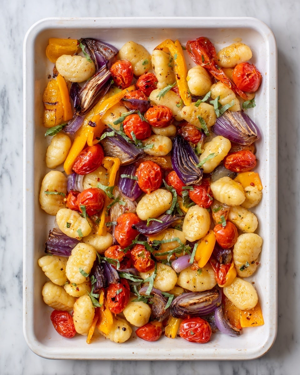 The image shows a colorful mix of roasted vegetables and gnocchi spread over a white marbled surface. The dish has small, round gnocchi pieces that are lightly golden and soft in texture. Scattered around are bright red cherry tomatoes, some bursting open with a slightly wrinkled, cooked look, and yellow and red bell pepper chunks that are tender and shiny. There are also pieces of purple onion with a soft, caramelized appearance. Fresh green herbs, likely chopped basil, are sprinkled on top, adding a fresh touch. The mix of colors—golden, red, yellow, purple, and green—creates an inviting and vibrant dish. photo taken with an iphone --ar 4:5 --v 7