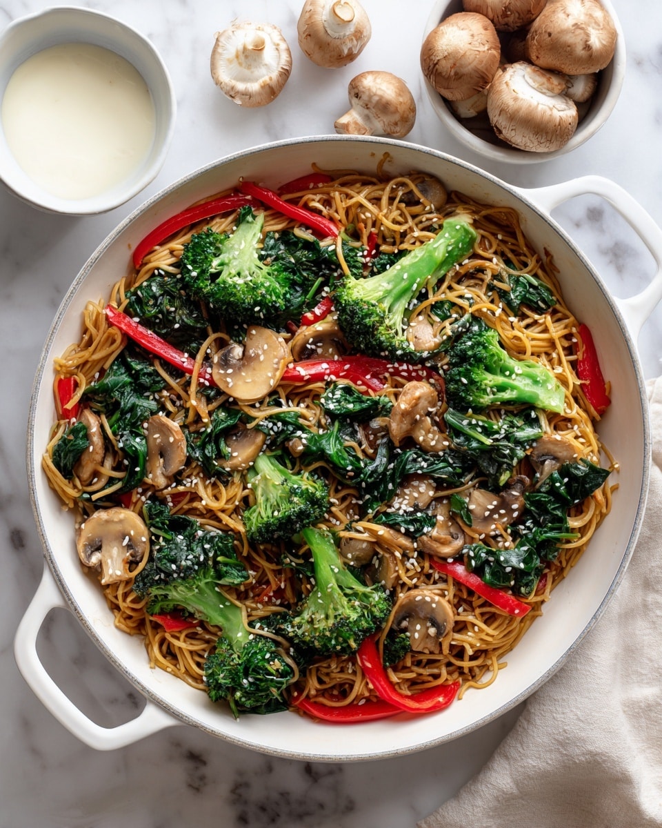 The image shows a shallow white pan filled with stir-fried noodles. The noodles are light brown and mixed with bright green broccoli florets, dark green spinach leaves, red bell pepper strips, and thin light brown mushroom slices. White sesame seeds are sprinkled on top, adding texture. The pan is placed on a white marbled surface with a wooden spoon handle visible at the bottom right. Around the pan, there are white bowls containing fresh mushrooms and broccoli, and a small bowl of white sauce with a wooden spoon. The lighting is bright and natural, highlighting the fresh colors and textures of the vegetables and noodles. photo taken with an iphone --ar 4:5 --v 7