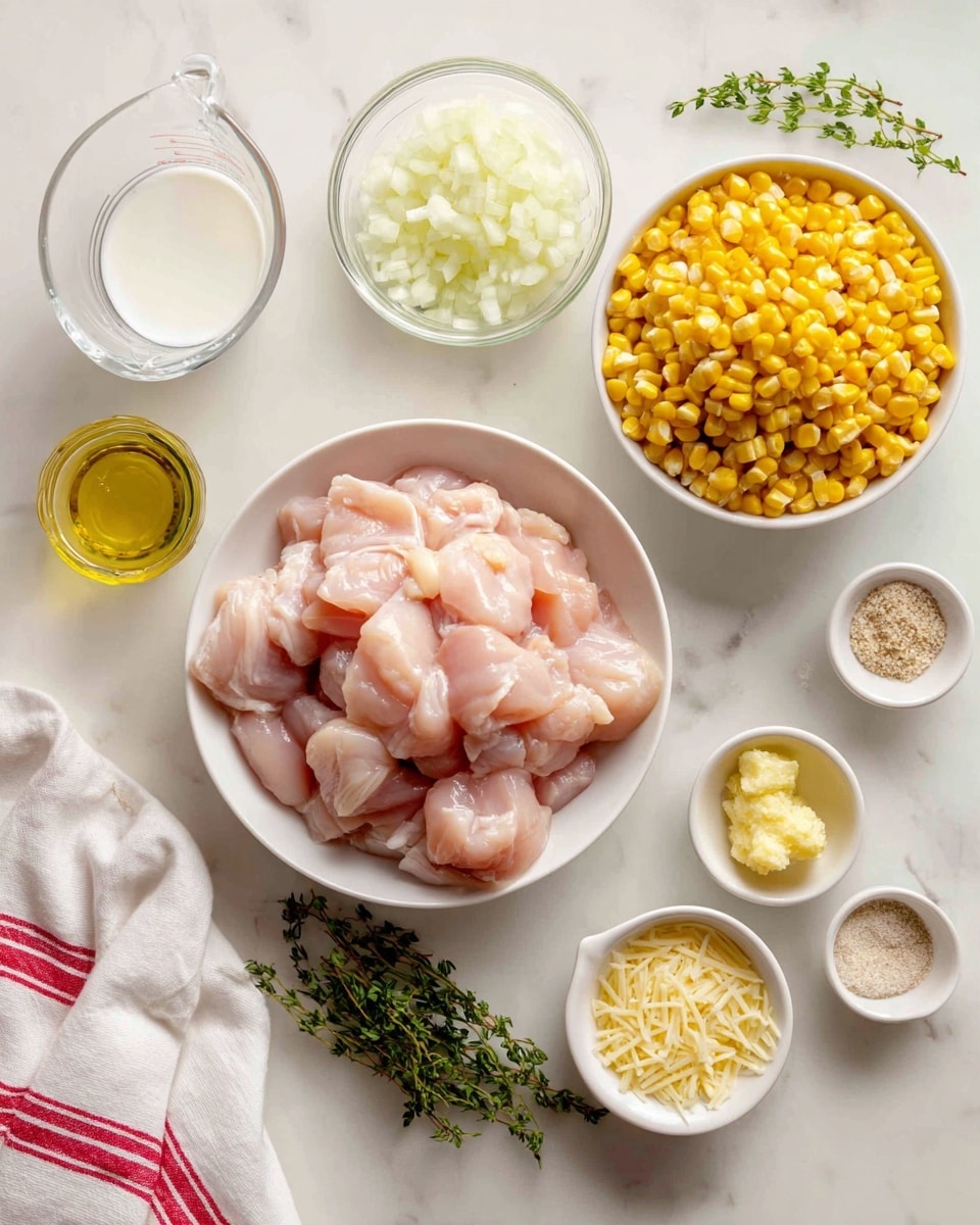 A white bowl filled with several light pink raw chicken strips sits in the center. Surrounding it are several glass bowls containing different ingredients: two bowls with bright yellow corn kernels, one with white chopped onions, one with a small amount of light yellow minced garlic, a small bowl with white and reddish seasonings, and a bowl holding two small square pieces of butter. To the upper left, there is a glass measuring cup filled with white cream. Fresh green herbs lie to the right side of the bowls on a white marbled surface, with a white cloth partially visible at the bottom. The entire setup is bright and clean, with natural light highlighting the textures and colors. photo taken with an iphone --ar 4:5 --v 7