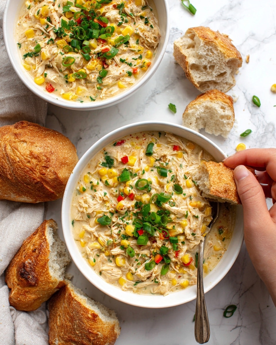 Two white bowls sit on a white marbled surface. Each bowl contains a creamy mixture with visible layers of light yellow corn, shredded light brown chicken, and small green onion slices on top. One bowl has a spoon inside, partially submerged in the mixture. Next to one bowl, there is a piece of torn brown crusty bread. A woman's hand is reaching into one bowl breaking off more bread. The creamy texture looks smooth around the solid pieces. Photo taken with an iphone --ar 4:5 --v 7