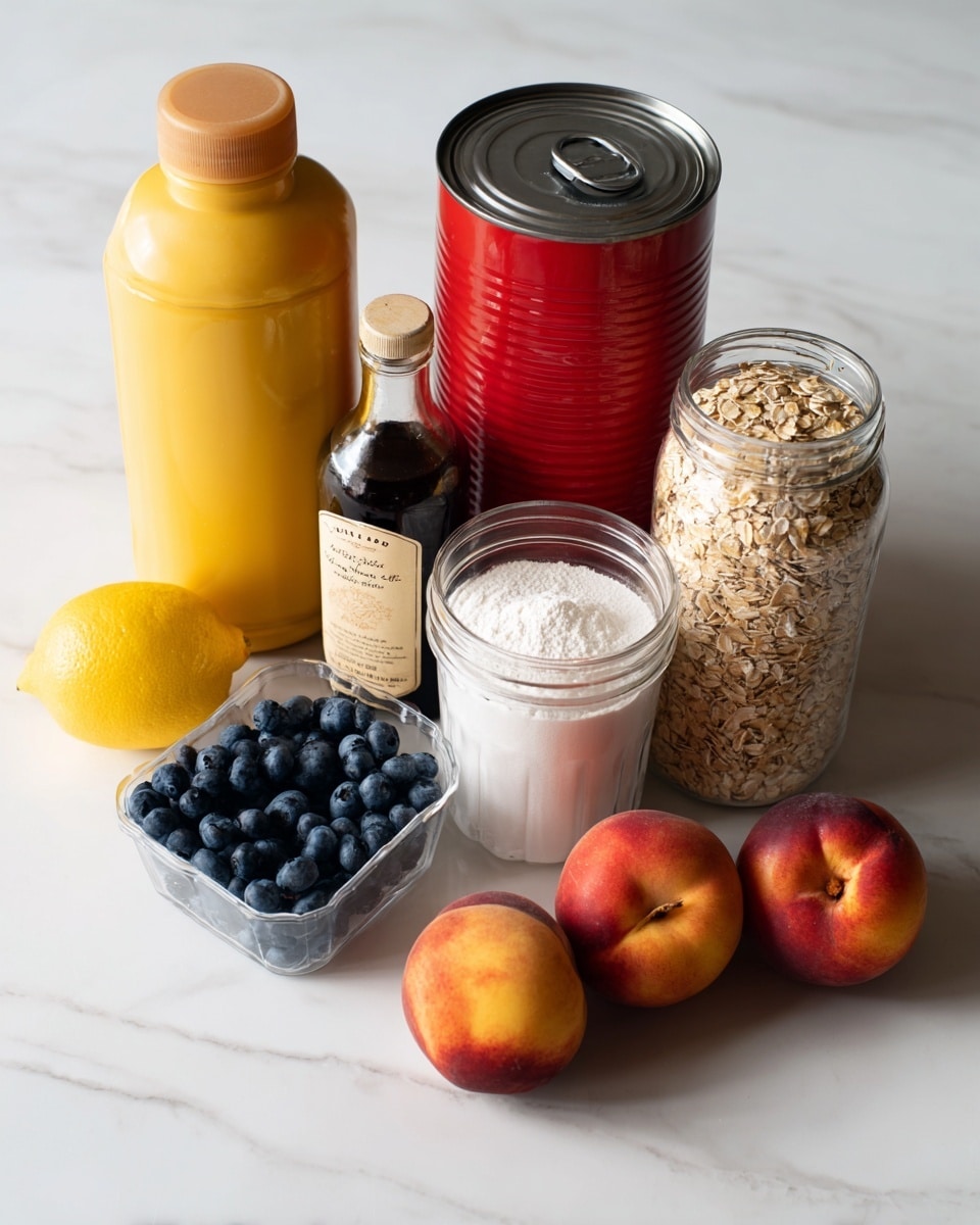 The image shows a white marbled surface with various baking ingredients arranged neatly across it. On the left, there is a bright yellow lemon, a container of yellow corn starch, and a glass bottle of clear vanilla extract. Next to these is a stick of butter with a white wrapping. Towards the center, a large red container of old-fashioned oats stands upright. In front of it is a small brown jar of ground cinnamon and a clear plastic container full of fresh blue blueberries. To the right, there are three round peaches with soft orange and red skin. Behind these ingredients are two large clear glass jars containing white sugar and flour, and a blue bag of light brown sugar. The whole scene is simple and clean, set against a white marbled background, photo taken with an iphone --ar 4:5 --v 7