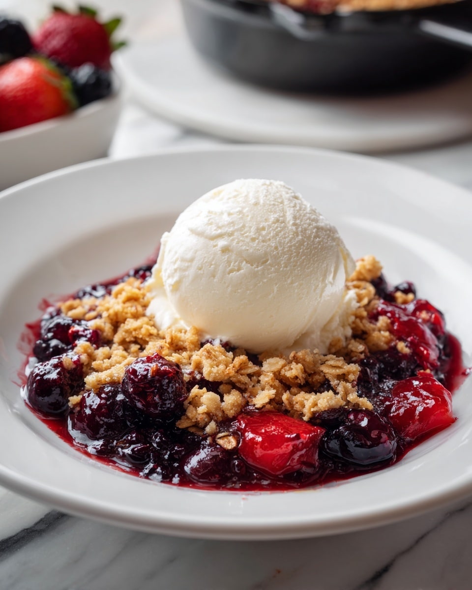 A white plate holds a warm mixed berry and peach crumble dessert, with deep purple and red fruit filling visible beneath a golden-brown oat and nut topping. On top of the crumble is a single large scoop of creamy white vanilla ice cream, slightly melting over the fruit. The dessert sits on a white marbled surface, with part of a woman's hand holding a spoon covered in the berry filling blurred in the background. Photo taken with an iphone --ar 4:5 --v 7