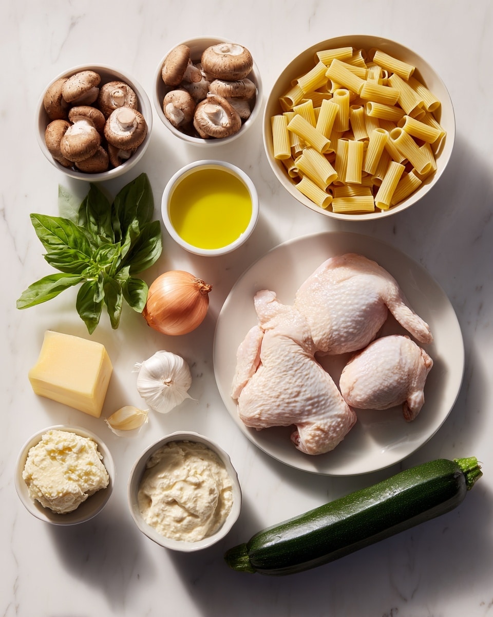 The image shows a flat lay of cooking ingredients on a white marbled surface. There are two raw chicken pieces on a white plate placed on the right side. Above it, a white bowl is filled with dry rigatoni pasta. To the left, a block of cheddar cheese with a green wrapper sits upright next to a round container of French onion dip with an orange lid. A small white bowl of olive oil is near the top center. Fresh mushrooms in a white bowl, a whole onion, a fresh zucchini, a small bowl of cream, a garlic clove, and some fresh basil leaves are arranged around these main items. The colors are soft with natural lighting. photo taken with an iphone --ar 4:5 --v 7