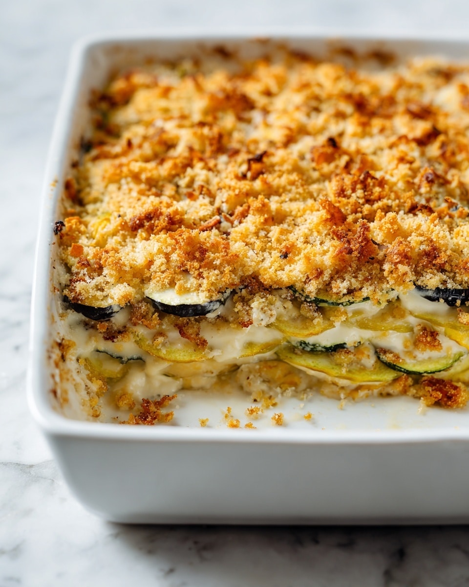 The image shows a white rectangular baking dish with a golden brown crumb topping that looks crispy and crunchy, covering layers of sliced green and purple vegetables visible near the edge where a portion is missing. The crumb layer is uneven with some parts more browned than others. Underneath the topping, slices of zucchini and eggplant are visible, layered and slightly cooked, showing their soft texture and colors. The dish is set on a white marbled surface. photo taken with an iphone --ar 4:5 --v 7