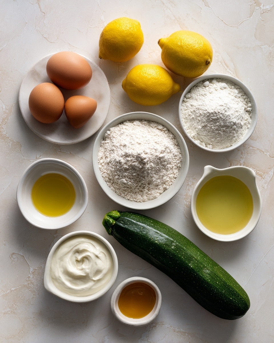 The image shows ingredients arranged neatly on a white marbled surface. There are three bright yellow lemons placed close to the top right. Below the lemons, a large whole zucchini with dark green skin lies horizontally in the middle. Surrounding the zucchini, there are various small white bowls containing different ingredients: one bowl of white flour at the top right, another bowl of fine white sugar below that, and a small bowl of golden syrup at the bottom right. To the left, there is a bowl with two brown eggs, next to it a small bowl with white baking powder and salt, a bowl with light yellow oil, a bowl with a creamy white yogurt mixture, and another small bowl with a golden liquid, possibly vanilla extract. All bowls and plates are white, and everything is spaced evenly and clearly visible. photo taken with an iphone --ar 4:5 --v 7