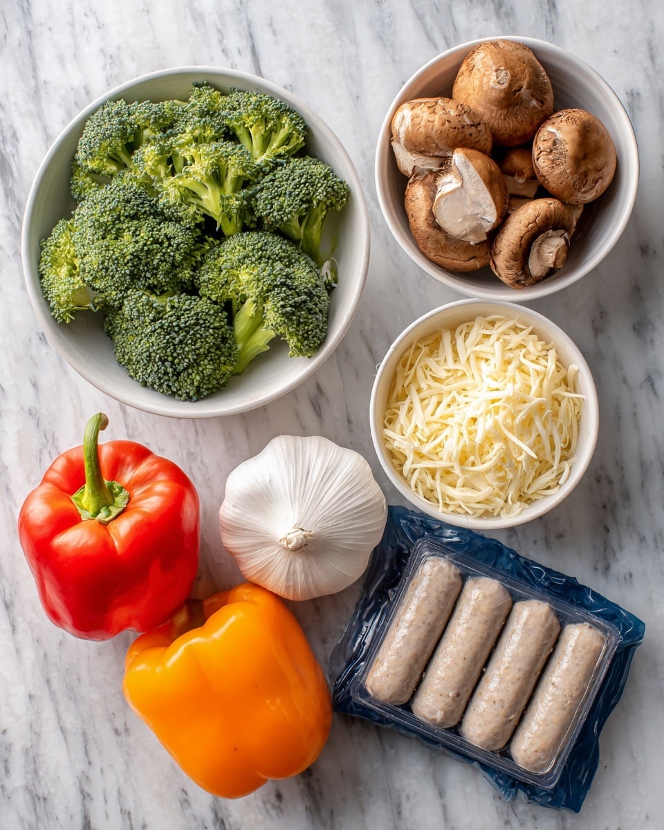 The image shows six ingredients placed on a white marbled texture. Starting from the top left, there is a white bowl filled with fresh green broccoli pieces, next to it at the top middle is a white bowl with several small brown mushrooms, and at the top right is a smaller white bowl filled with grated white cheese. Below the mushrooms and cheese, there is a whole garlic bulb. On the bottom left, there are two fresh bell peppers, one orange and one red, side by side. On the bottom right, overlapping slightly with the peppers, there is a blue and white plastic package of sweet Italian turkey sausage, showing the sausages inside. The colors are natural and fresh, with a bright and clean look. photo taken with an iphone --ar 4:5 --v 7