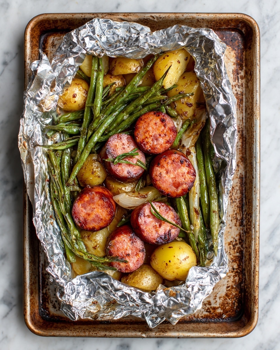 The image shows a close-up of a foil packet filled with cooked food inside a metal baking tray. The foil is shiny silver and opened to reveal three main layers: large, round slices of reddish-orange sausage with a slightly crisp and browned outside on top; underneath and mixed with the sausage, there are bright green, tender green beans with a slight shine and soft texture; at the bottom, there are golden yellow potato chunks that are roasted with some browned edges. The food looks well seasoned with small herbs and spices visible on the sausage and potatoes. The background is a white marbled surface. photo taken with an iphone --ar 4:5 --v 7