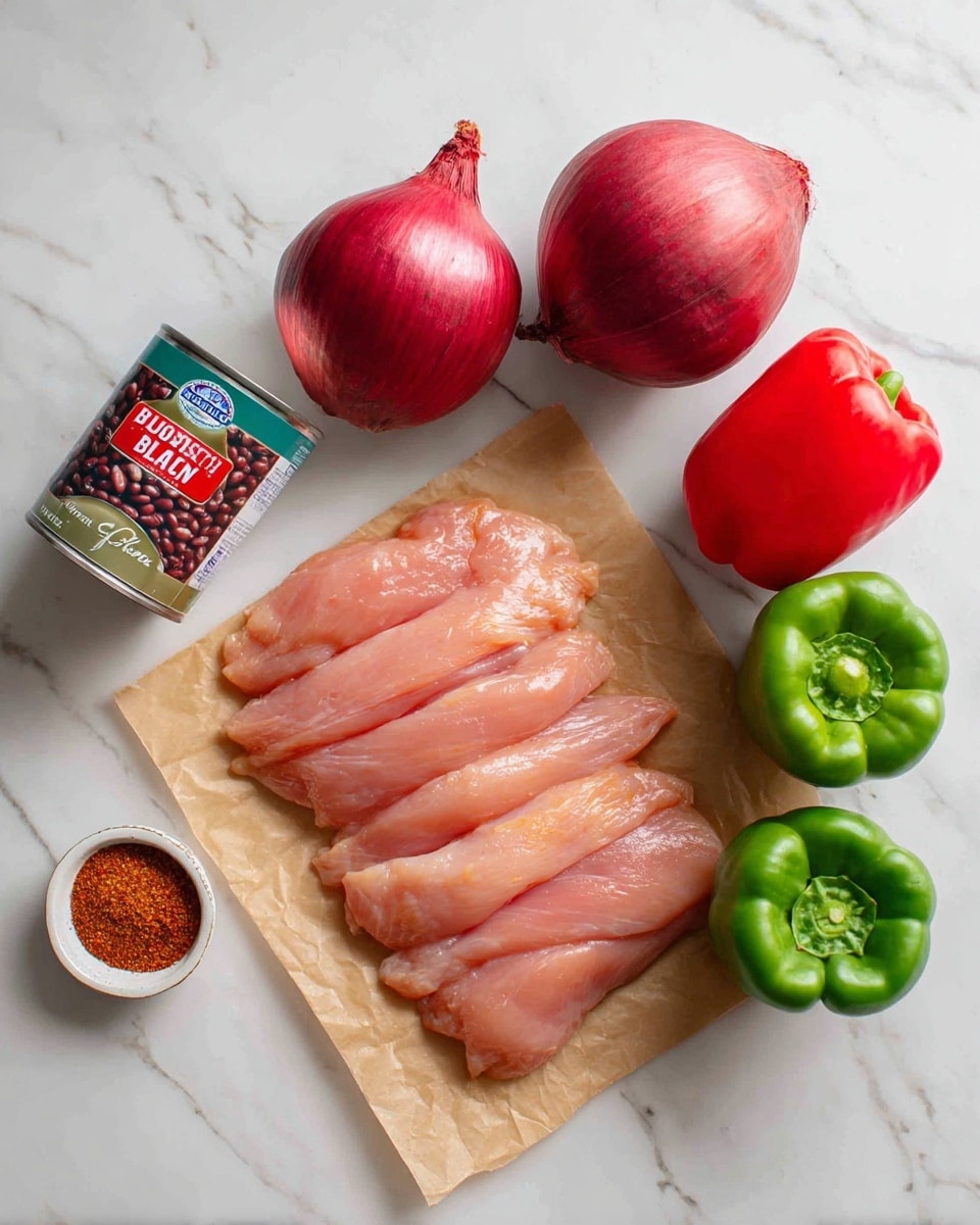 The image shows three raw chicken fillets placed on a piece of brown parchment paper in the top left corner, with two whole red onions to the right of them. Below the onions, there is a green bell pepper on the right side and a red bell pepper just below it. In the bottom left corner, there is a can of black beans with a blue label, and next to it, slightly above, a small white bowl filled with orange-brown seasoning. All these ingredients are set on a white marbled surface. photo taken with an iphone --ar 4:5 --v 7