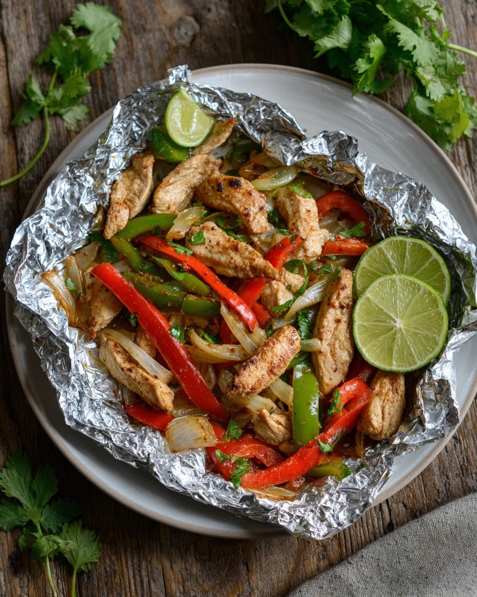 The image shows a serving of grilled chicken strips with sliced red and green bell peppers, seasoned and cooked together in a crumpled foil sheet placed on a white plate with a speckled blue edge. The chicken and peppers mix is topped with small green cilantro leaves, and two lime wedges are placed on top. The plate sits on a wooden table with a bunch of fresh cilantro and a tortilla partially visible on the side. The background features a white marbled texture with a striped cloth nearby. Photo taken with an iphone --ar 4:5 --v 7