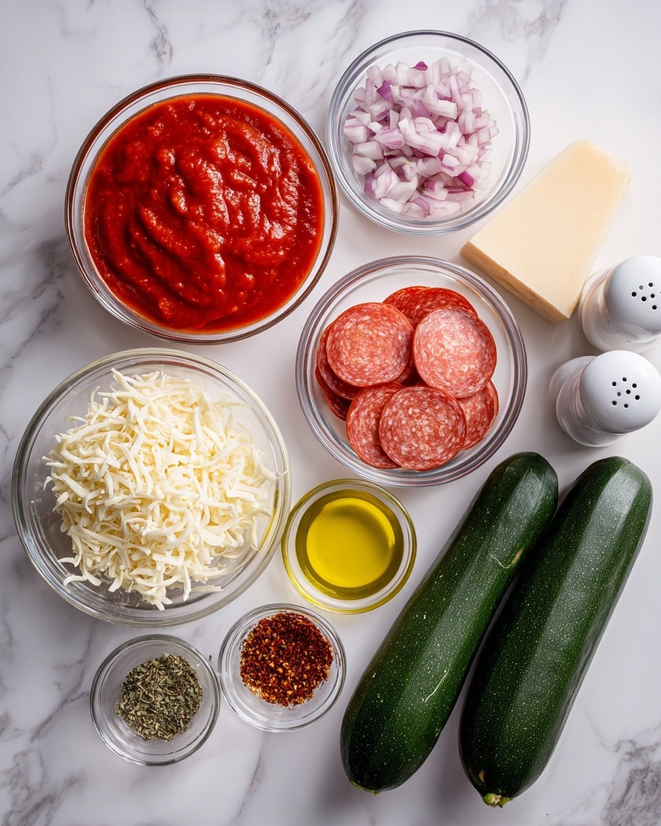 The image shows ingredients neatly arranged on a white marbled surface. There are three dark green zucchinis placed diagonally near the bottom. Above them, there is a small clear bowl with red chili flakes, next to a small bowl of dried green herbs. Two clear bowls hold shredded white cheese and small round slices of pepperoni, positioned towards the left. In the upper part, a larger clear bowl contains thick red tomato sauce, and next to it is a smaller clear bowl with chopped light purple onions. A small glass container with yellow olive oil is near a large wedge of pale yellow cheese. Two white salt and pepper shakers sit to the right side. All items are cleanly spaced, with no overlapping. Photo taken with an iphone --ar 4:5 --v 7