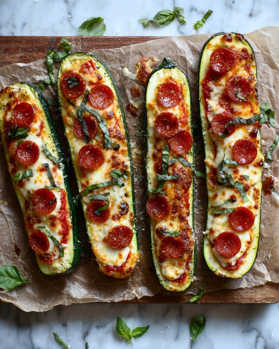 Six zucchini halves lined horizontally on crinkled parchment paper over a wooden board. Each zucchini is hollowed out and topped with a bright reddish tomato sauce layer covered by melted golden-yellow cheese with small, round reddish sausage pieces scattered on top. Fresh green basil leaves are sprinkled across the zucchini and parchment. The white marbled surface is visible around the wooden board. Photo taken with an iphone --ar 4:5 --v 7
