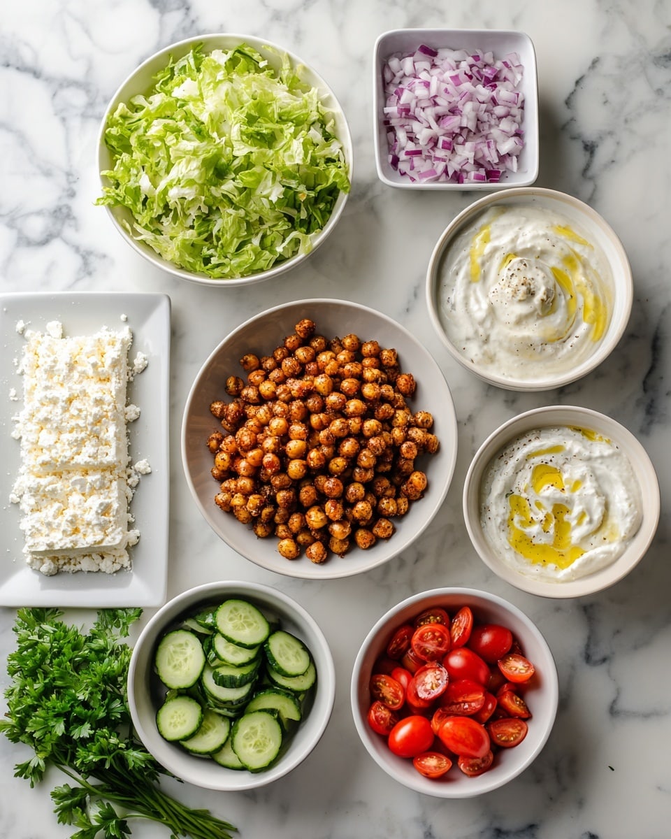 The image shows six white bowls and one small white plate arranged on a white marbled surface. In the largest bowl, there is a mix of chopped light green and pale yellow lettuce. The medium bowl in the center is filled with round, golden-brown chickpeas. Above it, a small square white bowl contains small, chopped pieces of purple and white onion. To the right, a small round bowl holds thick, cream-colored yogurt drizzled with light yellow olive oil. Below that, another small bowl has sliced light and dark green cucumber rounds. At the bottom, a small round bowl is filled with halved bright red cherry tomatoes. The small white plate to the left shows a block of crumbly white cheese. Fresh green parsley sprigs rest on the surface near the bottom left corner. photo taken with an iphone --ar 4:5 --v 7
