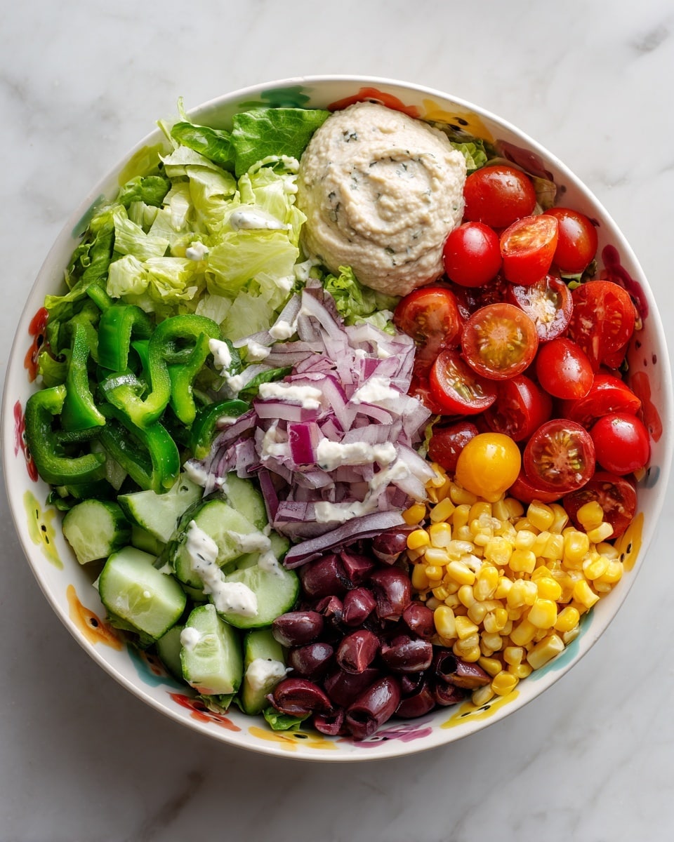 A colorful salad is displayed in a white bowl with a red and orange patterned rim, placed on a white marbled surface. The bowl is layered with fresh green lettuce leaves on one side, creamy beige hummus next to green diced peppers, and bright red cherry tomatoes covered lightly in white dressing. Below the tomatoes, there are sliced dark purple olives, yellow corn kernels, and small pink pickled onion pieces. Light green cucumber slices and some crumbled white cheese are scattered near the onions. The salad is topped with a drizzle of white creamy dressing all over the vegetables. Photo taken with an iphone --ar 4:5 --v 7