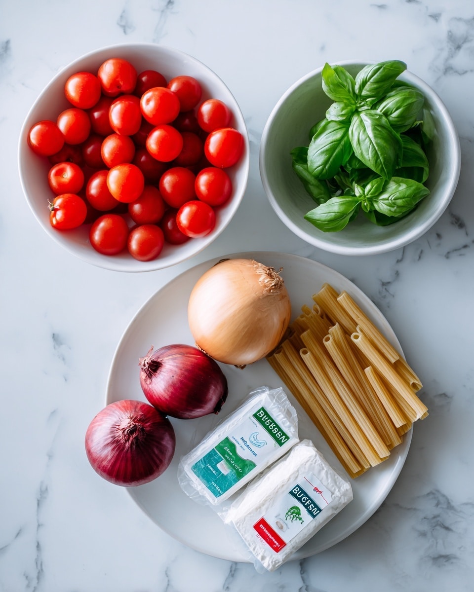 The image shows six main items arranged on a white marbled surface. In the top left, there is a white bowl filled with small round bright red cherry tomatoes. To its right, another white bowl holds fresh green basil leaves with slight folds and natural leaf texture. Below these bowls on a white plate are three whole onions, two deep red and one light brown, with dry papery skin. Next to the onions on the plate, there are two small green and white packages of Boursin cheese. On the right side of the plate, a large white package of penne rigate pasta with colorful leaf designs on the top right corner and a clear window showing the pasta is placed. The overall colors are vibrant with fresh reds, greens, and natural onion tones against the bright background. photo taken with an iphone --ar 4:5 --v 7