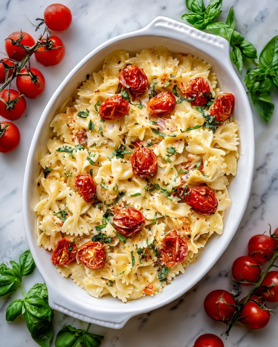 The dish is a white oval casserole filled with creamy bowtie pasta mixed with lightly cooked cherry tomatoes and thin slices of onion, all coated in a pale, creamy sauce. Scattered fresh green basil leaves rest on top of the pasta, adding a touch of brightness. Surrounding the casserole on the white marbled surface are clusters of whole fresh cherry tomatoes on the vine, halved cherry tomatoes, and more fresh basil leaves, creating a fresh and colorful scene. Photo taken with an iphone --ar 4:5 --v 7