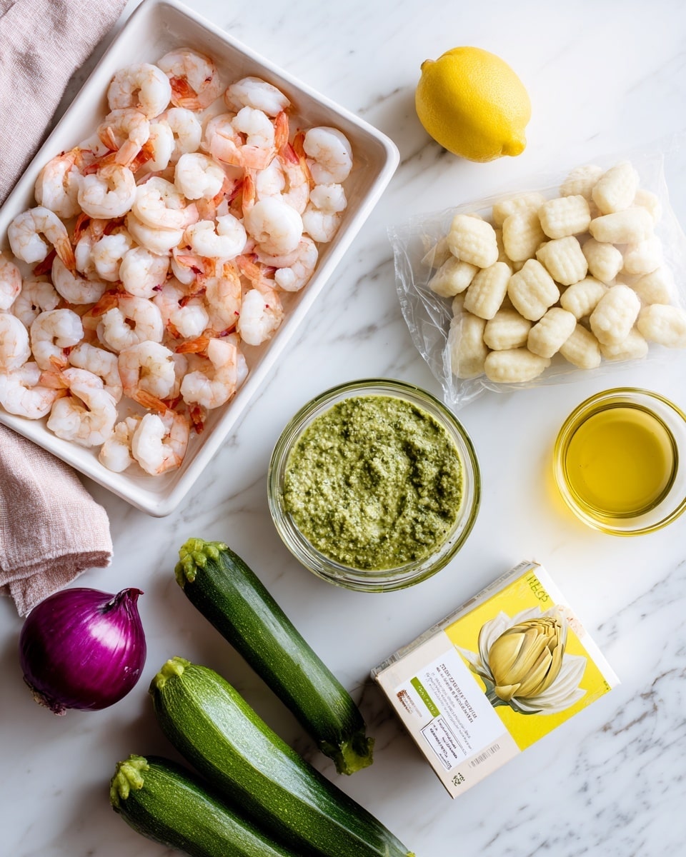 On a slightly worn metal tray with a white marbled texture background, there is a white plate lined with white paper towels holding a pile of pale pink shrimp with a slightly translucent look, showing their soft, curled bodies. Next to the plate, a clear glass bowl contains a thick green sauce with visible herb textures. A package of potato gnocchi is placed near the bottom right, its contents small, cream-colored gnocchi pieces visible through the transparent bag. Below the gnocchi is a yellow and white box showing artichoke hearts images. To the left, a round red onion with a smooth glossy skin sits next to a bright yellow lemon. Two fresh, dark green zucchinis lie side by side near a small glass bowl filled with golden olive oil. photo taken with an iphone --ar 4:5 --v 7