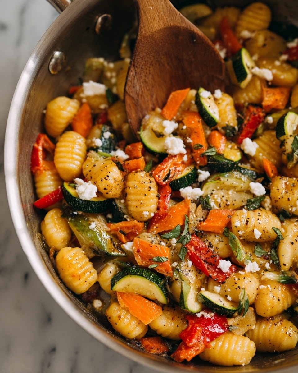 The image shows a close-up of golden orange gnocchi mixed with five main layers: bright red pepper pieces, dark green zucchini slices with charred edges, small white crumbles of cheese, chopped green herbs sprinkled on top, and darker charred bits scattered throughout. All ingredients are coated in a light sauce that gives the gnocchi a shiny texture. A wooden spoon is scooping up the mixture, highlighting the soft and plump texture of the gnocchi, with the colorful vegetables and cheese creating a mix of colors and textures. The dish is served in a white pan with a white marbled surface in the background photo taken with an iphone --ar 4:5 --v 7