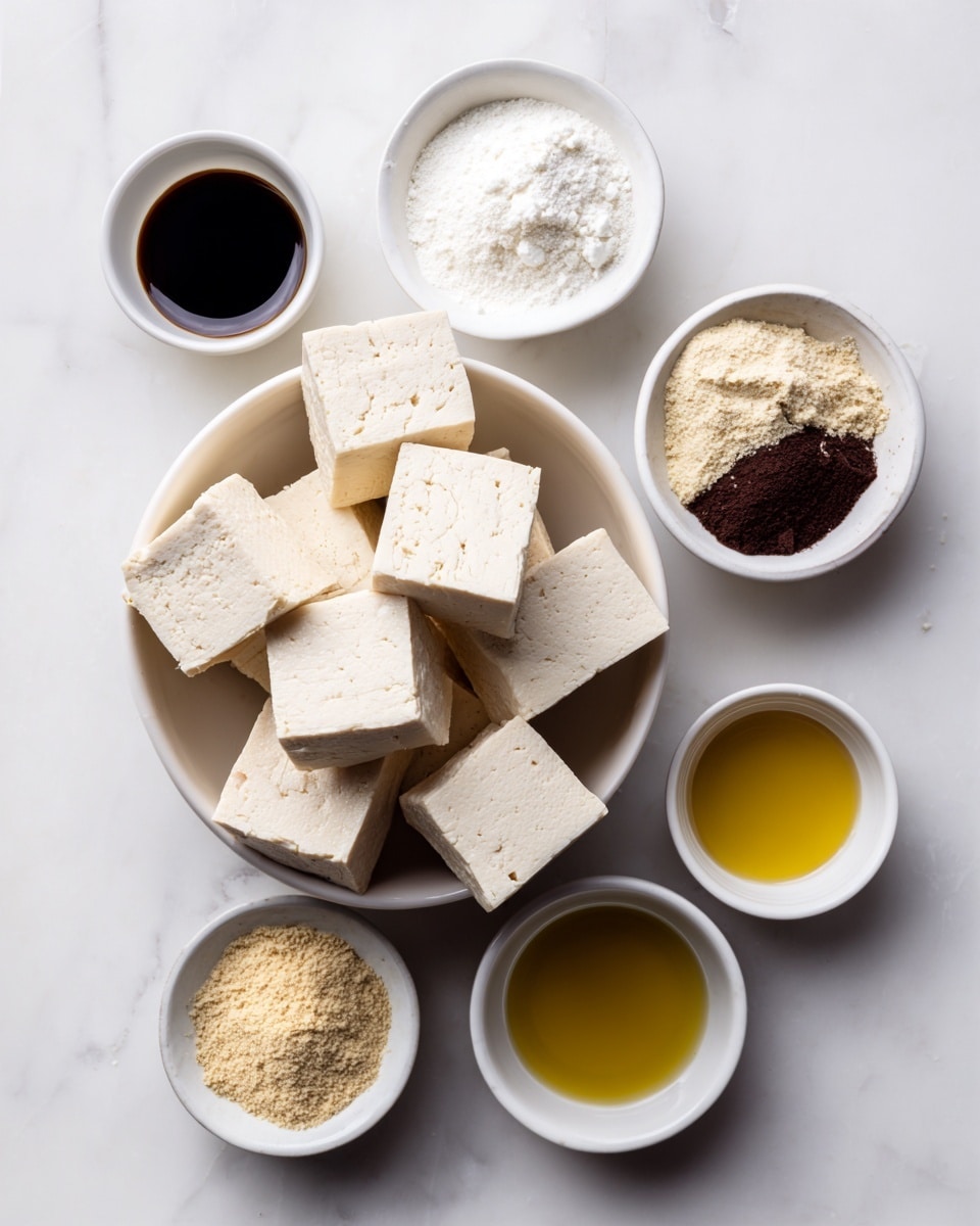 The image shows five small white bowls on a white marbled surface, each with a different ingredient. The largest bowl in the bottom center is filled with light beige tofu cubes with a smooth texture. To the top right, a medium bowl is filled with white powder. To the top left, a smaller bowl contains a dark brown liquid, smooth and shiny. Below the powder bowl, a tiny bowl holds black pepper with a grainy texture. Below and a little to the left of the tofu, another small bowl holds light brown granules. At the bottom right corner, a small bowl is filled with golden yellow oil that looks smooth and shiny. The arrangement is neat and evenly spaced. Photo taken with an iphone --ar 4:5 --v 7