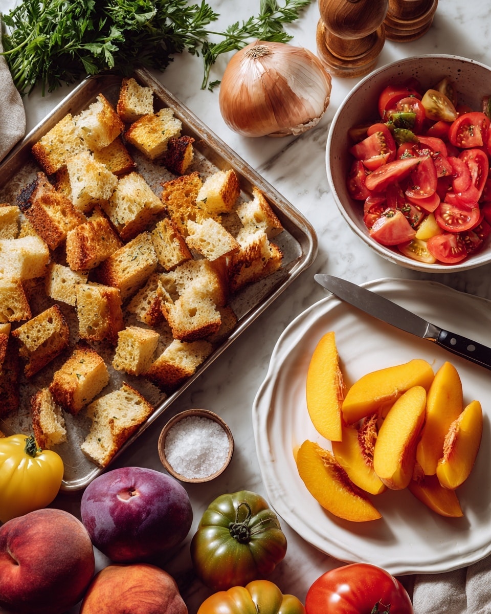 The image shows a large golden baking tray filled with toasted, irregularly cut bread chunks, toasted to a mix of light golden brown and darker crisp edges, evenly spread across the tray. To the right, on a white plate, are thin slices of peach with bright orange and yellow tones, next to a small knife with a black handle placed on the plate. Above the tray, a white bowl contains large slices of red and yellow tomatoes with a juicy texture. Below, a beige bowl holds a green herb mixture with visible chopped parsley and scattered purple shallot pieces. Around these, various whole tomatoes and peaches in natural colors rest on a white marbled surface, along with a bunch of fresh green parsley, a small bowl of salt, a wooden pepper grinder, and a whole shallot. photo taken with an iphone --ar 4:5 --v 7