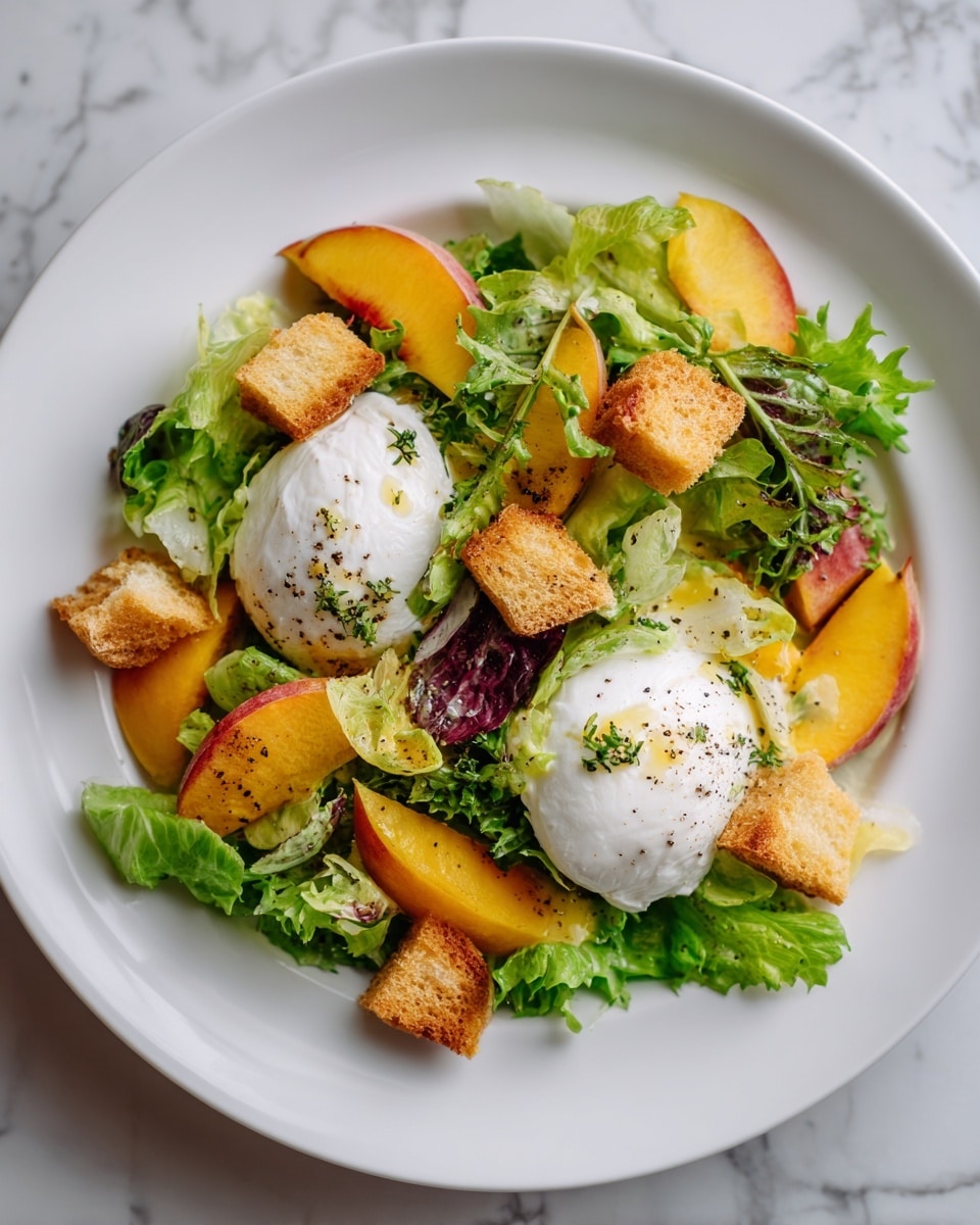 A white plate sits on a white marbled surface holding a fresh salad. The base layer is green leafy lettuce spread all over the plate. On top, there are golden-brown toasted bread cubes scattered around. There are slices of bright peach with reddish skin arranged in small groups between the lettuce and bread. Two large round white burrata cheeses sit near the center, drizzled lightly with olive oil and sprinkled with red pepper flakes and fresh green herbs. The colors are vibrant, with the green of the lettuce, the orange and red of the peach slices, the golden bread cubes, and the creamy white cheese creating a fresh, inviting look. Photo taken with an iphone --ar 4:5 --v 7