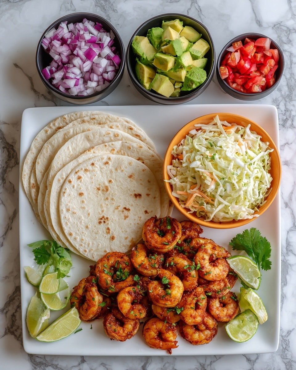 The image shows a white rectangular plate on a white marbled surface, filled with a colorful shrimp taco platter. At the bottom, there is a layer of cooked shrimp with a reddish seasoning, sprinkled with green cilantro bits. Above it, three folded white tortillas overlap slightly on the left side. To the right of the tortillas, there is a bright orange bowl filled with creamy coleslaw that has visible shreds of carrot and cabbage. Around the plate, six small white bowls hold different toppings: diced red tomatoes, chopped red onions, chopped white onions, fresh green cilantro, and cubed green avocado. Lime wedges are placed in two corners around the shrimp. The colors are vivid and fresh, making the arrangement look inviting and ready to eat photo taken with an iphone --ar 4:5 --v 7