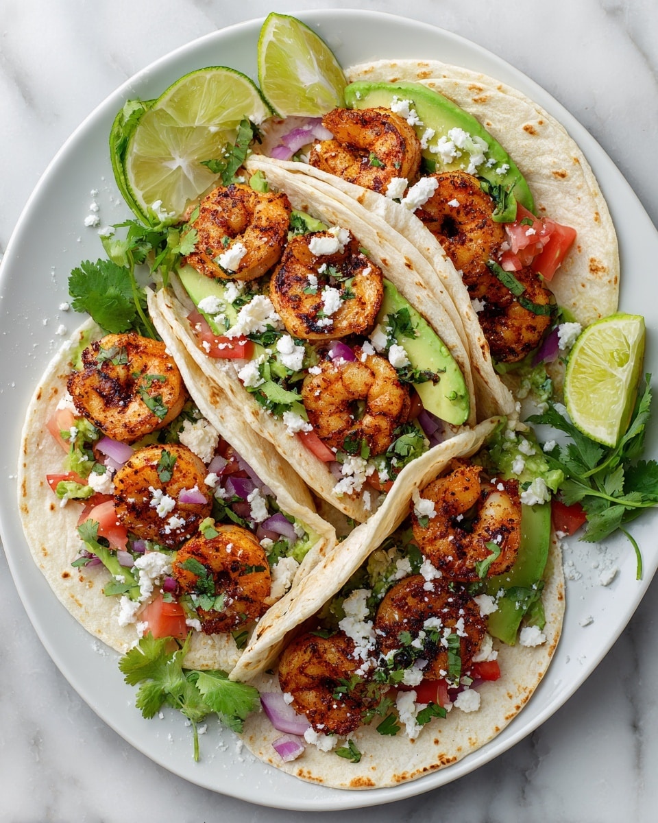 Three tacos are placed inside a white bowl on a white marbled surface. Each taco has a soft, slightly toasted tortilla as the base. Inside the tacos are six to eight grilled shrimp with a reddish-orange spice coating. Beneath the shrimp, there is a layer of green avocado slices and chopped red tomatoes. Scattered on top are small pieces of finely chopped red onion and fresh green cilantro leaves. Crumbled white cheese dots the shrimp and vegetables. On the side of the bowl, two lime wedges and some extra cilantro leaves rest. In the top right corner, a woman's hand is reaching toward some stacked toasted tortillas. Photo taken with an iphone --ar 4:5 --v 7