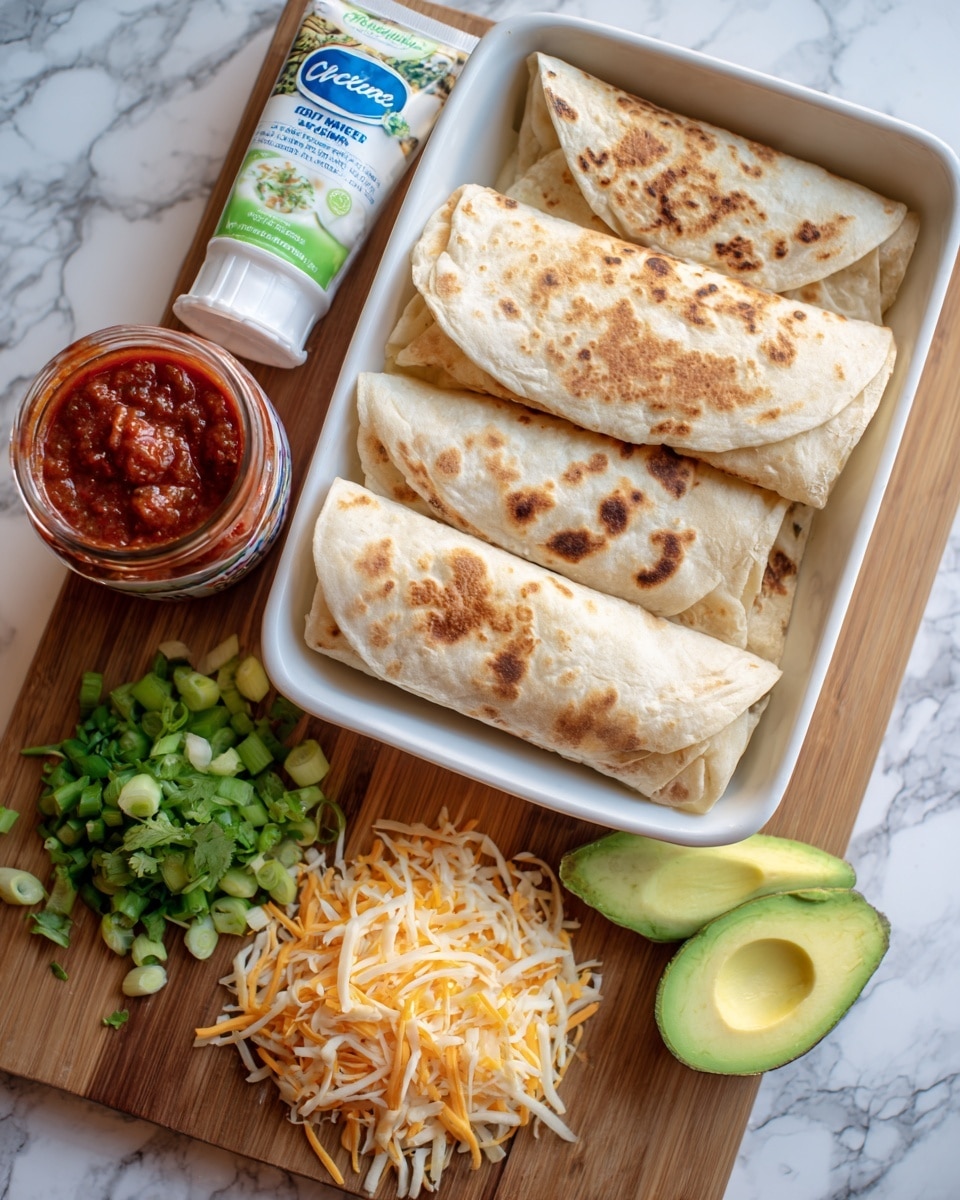 The image shows a light pink rectangular plate holding three folded flatbreads with light golden brown spots, placed on the left side of a light wooden table. In front of the plate, there is a brown cutting board laid flat, displaying three layers side-by-side: a layer of chopped green onions on the left, a layer of finely chopped green herbs in the middle, and a layer of shredded orange cheese to the right. To the far right on the cutting board, there is a halved avocado with a light green inside and a darker green skin. Behind the cutting board, there is a jar of red salsa with a green label and a white tube of sour cream with blue and red text. The whole setup is on a white marbled surface. Photo taken with an iphone --ar 4:5 --v 7