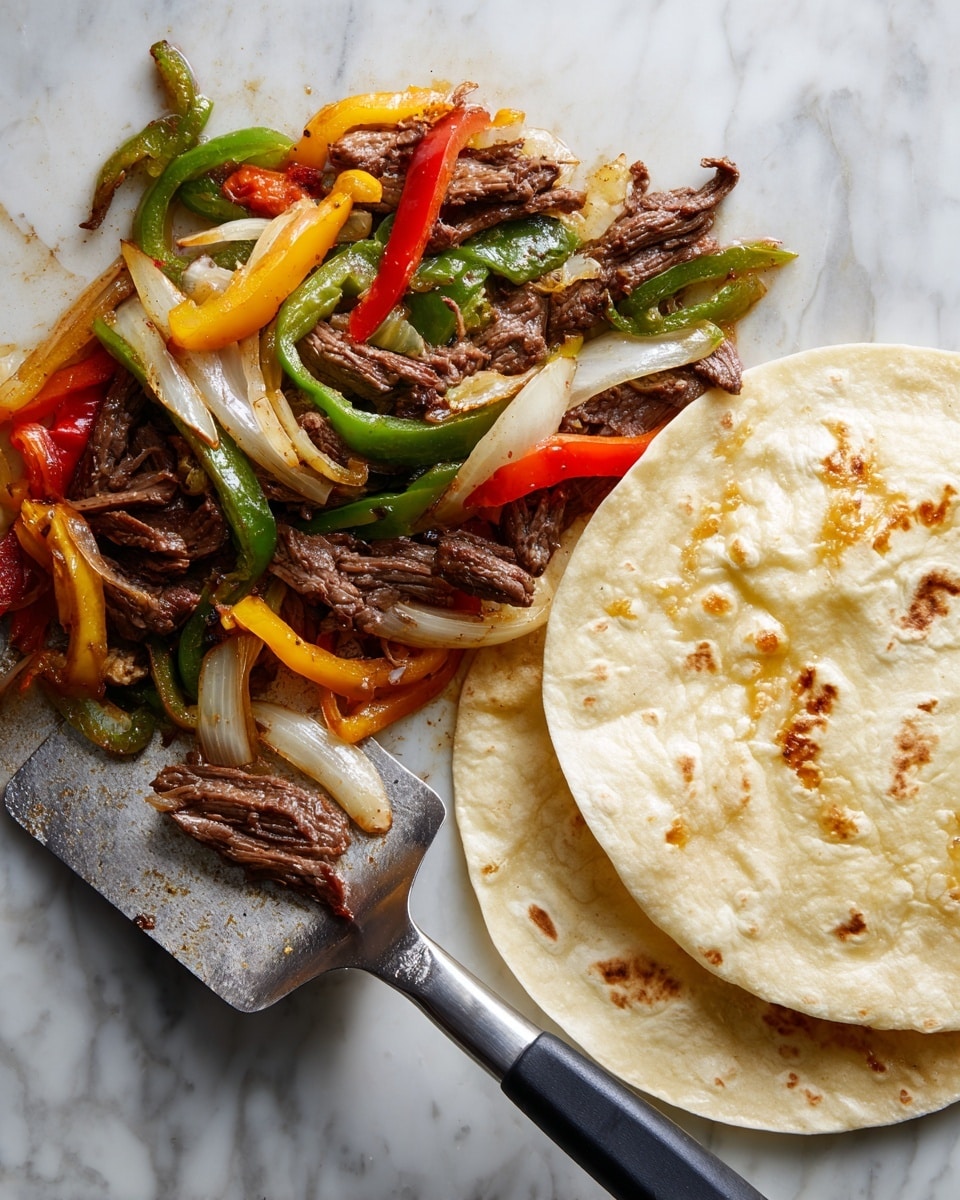The image shows a flat cooking surface with several thin strips of browned beef mixed with green, yellow, and red bell pepper strips and sliced white onions spread across the middle and left side. Two lightly toasted white tortillas rest on the right side of the surface, close together. The cooking surface appears dark and slightly greasy, with a metal spatula resting underneath some of the meat and vegetables. The background is a white marbled texture. photo taken with an iphone --ar 4:5 --v 7
