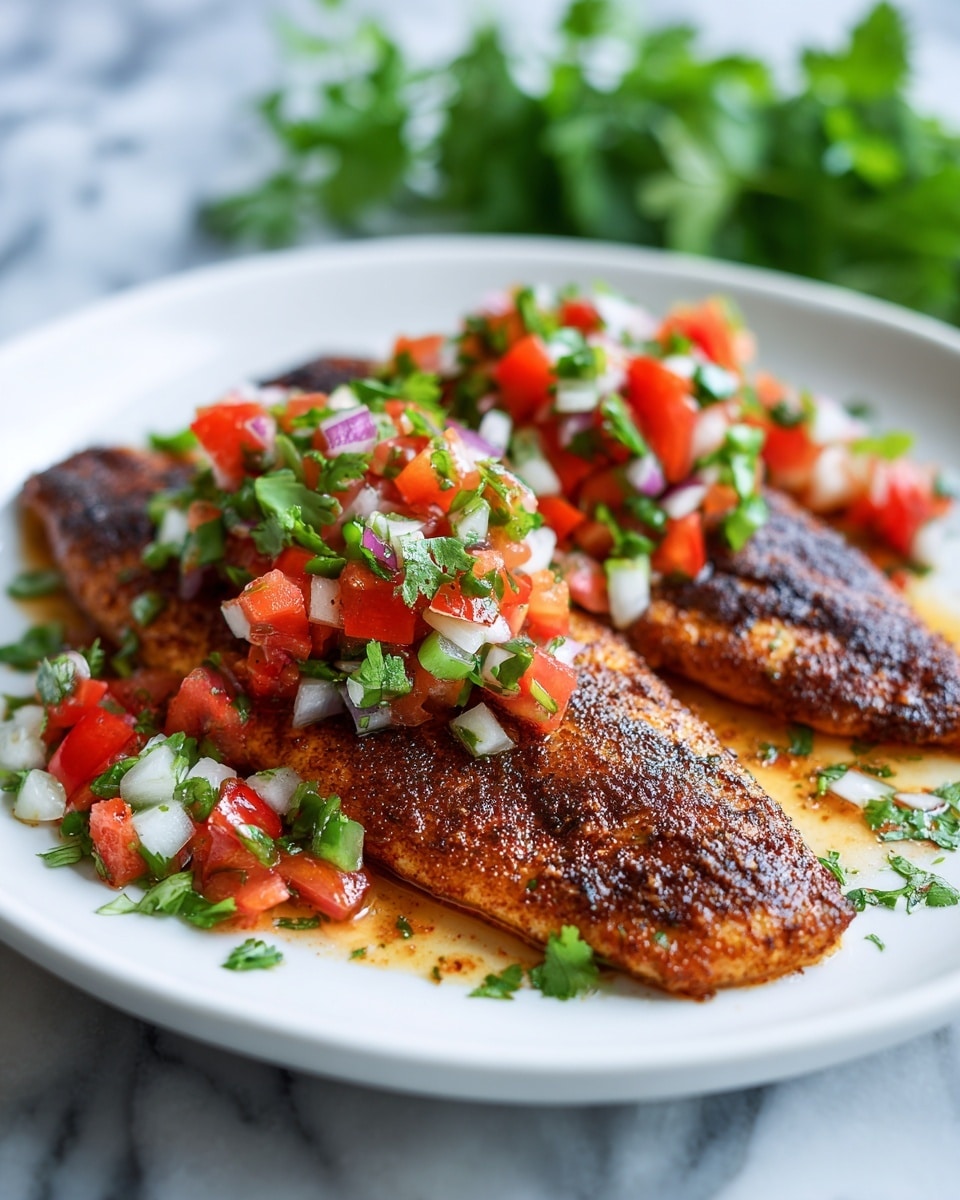 Two pieces of seasoned and cooked fish fillets with a dark brown, crispy texture lie side by side on a simple black plate. On top of the fish is a colorful layer of fresh salsa made of finely chopped red tomatoes, white onions, green jalapeños, and some green herbs. There is some green garnish sprinkled around the plate, and the background shows a blurred bunch of fresh green herbs on a white marbled surface. The photo taken with an iphone --ar 4:5 --v 7