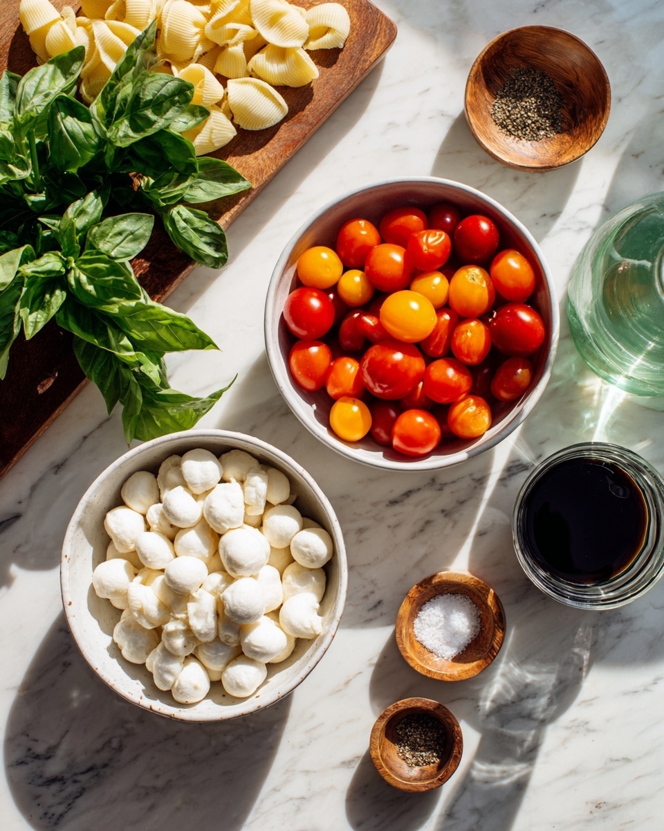 A white bowl in the center holds three kinds of shiny small tomatoes in red, yellow, and dark brown colors. Below it, a white bowl with green patterns is filled with smooth, round white mozzarella balls. To the right, a plain white bowl contains yellow dry pasta shaped like small shells. On the left, fresh green basil leaves lie on a wooden cutting board under the tomato bowl. Above the basil and to the right side, there is a small glass of dark balsamic vinegar, two small wooden bowls with salt and pepper, and a tall green glass bottle. All items are arranged on a white marbled surface with bright natural light casting soft shadows. photo taken with an iphone --ar 4:5 --v 7