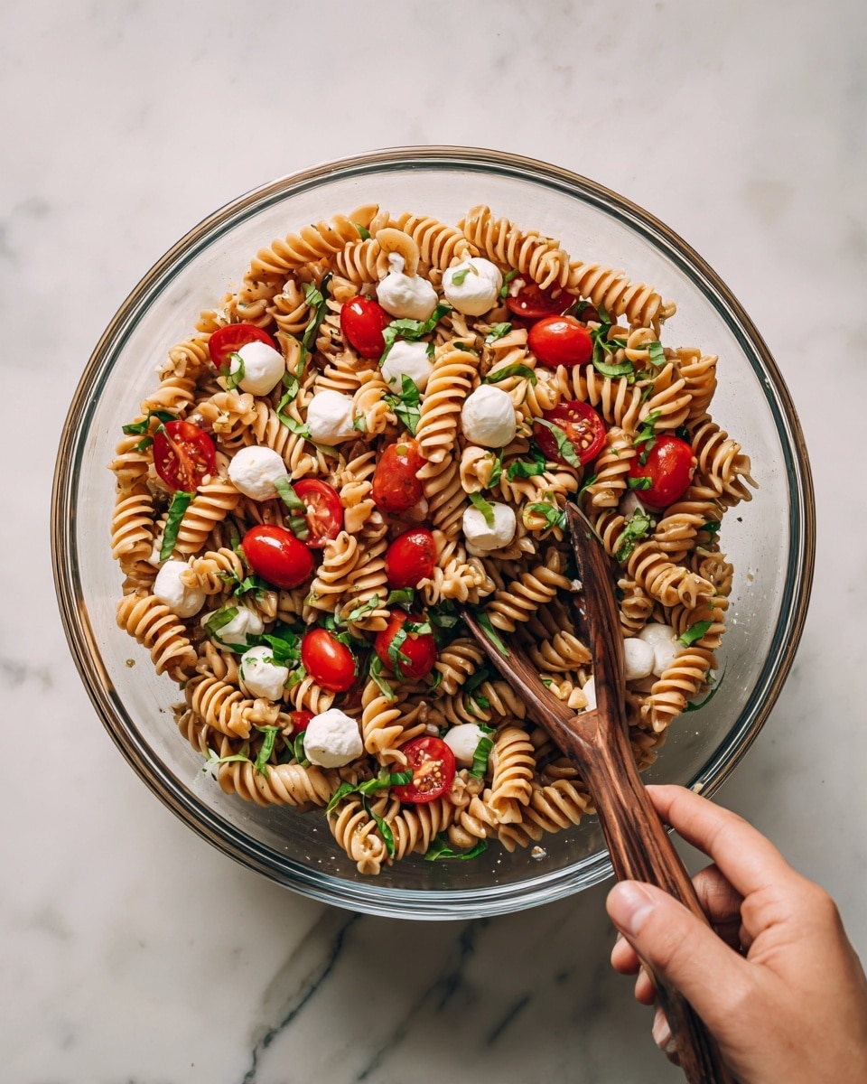 The image shows a clear glass bowl filled with three layers of food. The bottom layer is light brown twisted pasta, which forms the base. On top of the pasta, bright red cherry tomato halves are scattered, adding bright color. Small white round mozzarella balls are spread evenly across the top layer. Thin green strips of fresh basil leaves are mixed throughout, creating a fresh look. Two wooden salad spoons rest inside the bowl from the top right corner. The bowl is placed on a white marbled surface. Photo taken with an iphone --ar 4:5 --v 7