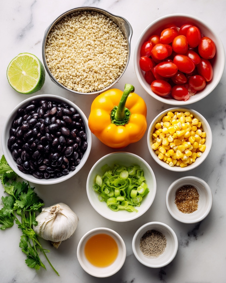 The image shows several bowls and a white plate arranged on a white marbled surface, each holding different ingredients. There is a white bowl filled with white quinoa grains, next to a white bowl of black beans. Below these, a large orange bell pepper is placed at the center, surrounded by a white bowl filled with yellow corn kernels and a white bowl full of red grape tomatoes. Small white bowls hold red hot sauce, green chopped spring onions, and ground brown spices. A halved green lime rests on the surface next to a small piece of garlic and fresh green cilantro leaves spread nearby. The colors are bright and the textures vary from smooth beans and grains to juicy vegetables and leafy herbs. photo taken with an iphone --ar 4:5 --v 7