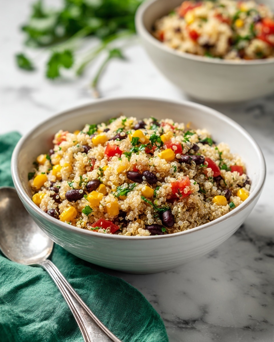 A white bowl filled with a colorful quinoa salad sits on a white marbled surface. The salad has a mix of small, round, white quinoa grains forming the base layer, with bright yellow corn kernels, black beans, chopped red tomatoes, and small bits of green herbs mixed evenly throughout. The salad has a light, fluffy texture with visible pieces of each ingredient standing out. In the background, another white bowl with the same salad is slightly blurred, and some fresh green cilantro leaves rest on the marbled surface near an ornate silver spoon. A green and white cloth with black stripes is partially visible beside the bowl. Photo taken with an iphone --ar 4:5 --v 7