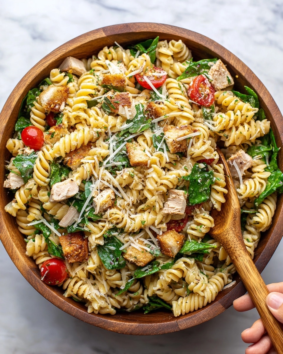 A large wooden bowl on a white marbled surface holds a colorful pasta salad with three main layers. The base layer is spiral pasta in a light beige color, mixed evenly throughout. Scattered on top are bright red cherry tomato pieces and chunky light brown croutons. Fresh green leafy herbs are mixed in, adding vibrant color. Thin white shavings of cheese are sprinkled over everything. Two wooden spoons rest in the bowl, one tilted slightly with a woman's hand holding it. The overall look is fresh, rustic, and inviting. photo taken with an iphone --ar 4:5 --v 7