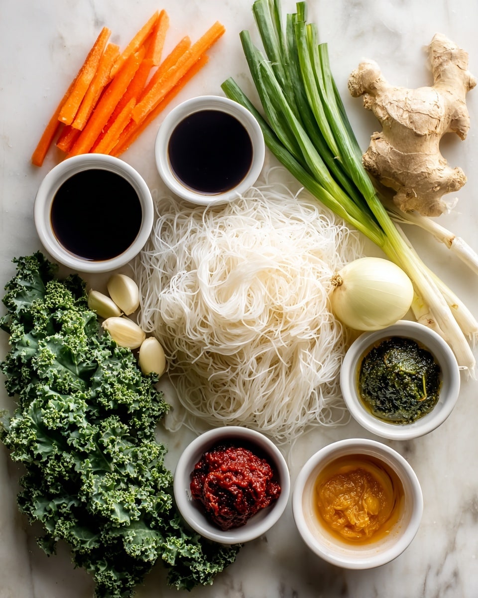 The image shows an arrangement of fresh ingredients on a white marbled surface. In the center, there is a bundle of uncooked flat white noodles stacked in a neat pile. Around the noodles, there are four small white bowls, each holding different sauces: one bowl has dark brown soy sauce, another has a reddish chili paste, a third bowl contains a light brown liquid, and the last bowl has a greenish sauce. Below the noodles, there is a piece of fresh ginger root with light brown skin, a shallot with purple skin, and two bright orange carrots. To the right of the carrots, there is a bunch of green onions with fresh long green stalks, a few peeled garlic cloves, and a bunch of dark green kale leaves with ruffled edges. The whole setup is clean and well organized, with bright natural light highlighting the textures and colors. Photo taken with an iphone --ar 4:5 --v 7