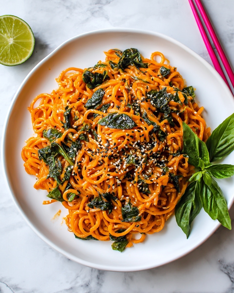 A blue bowl holds a single serving of spaghetti noodles coated in a reddish sauce, topped with wilted green leafy vegetables. Small white and black sesame seeds are sprinkled evenly over the noodles and greens, adding texture and contrast. The dish sits on a surface with a white marbled texture, with a pair of pink chopsticks placed on the right side of the bowl and a green lime wedge on the left side. The photo taken with an iphone --ar 4:5 --v 7