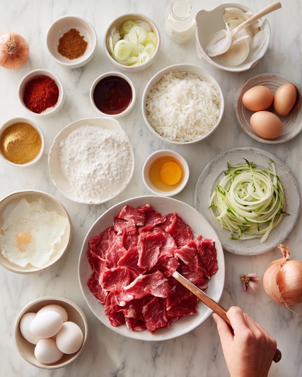 The image shows several white bowls and plates arranged on a white marbled surface, each with different ingredients. One bowl is filled with cooked white rice with a fluffy texture. Another bowl contains thin slices of raw red meat loosely piled with clear fat streaks visible. A small bowl holds sliced purple onions stacked neatly. There is a bowl of yellow mustard seeds, a bowl with vibrant red sauce, and a small jar of honey with a wooden honey dipper resting inside. A bowl contains a creamy white sauce with a wooden spoon, and another has what looks like pickled kimchi with deep red and dark tones. Nearby are whole eggs in a bowl, thin cucumber ribbons curled gently in a bowl, and small mounds of red chili flakes, light brown powder, minced garlic, and vinegar in small white dishes scattered around. Two whole shallots sit near the bowls, and a woman's hand is placing thin slices of raw red meat on a wooden cutting board. Photo taken with an iphone --ar 4:5 --v 7