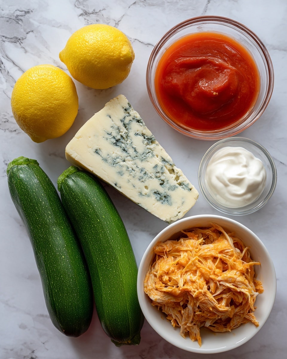 The image shows three whole dark green zucchinis placed next to a lemon cut in half, a small white wedge of blue cheese, a small white bowl with white creamy cheese, a bigger transparent bowl filled with bright red sauce, and a small beige bowl with shredded orange-colored chicken. All items rest on a white marbled surface photo taken with an iphone --ar 4:5 --v 7
