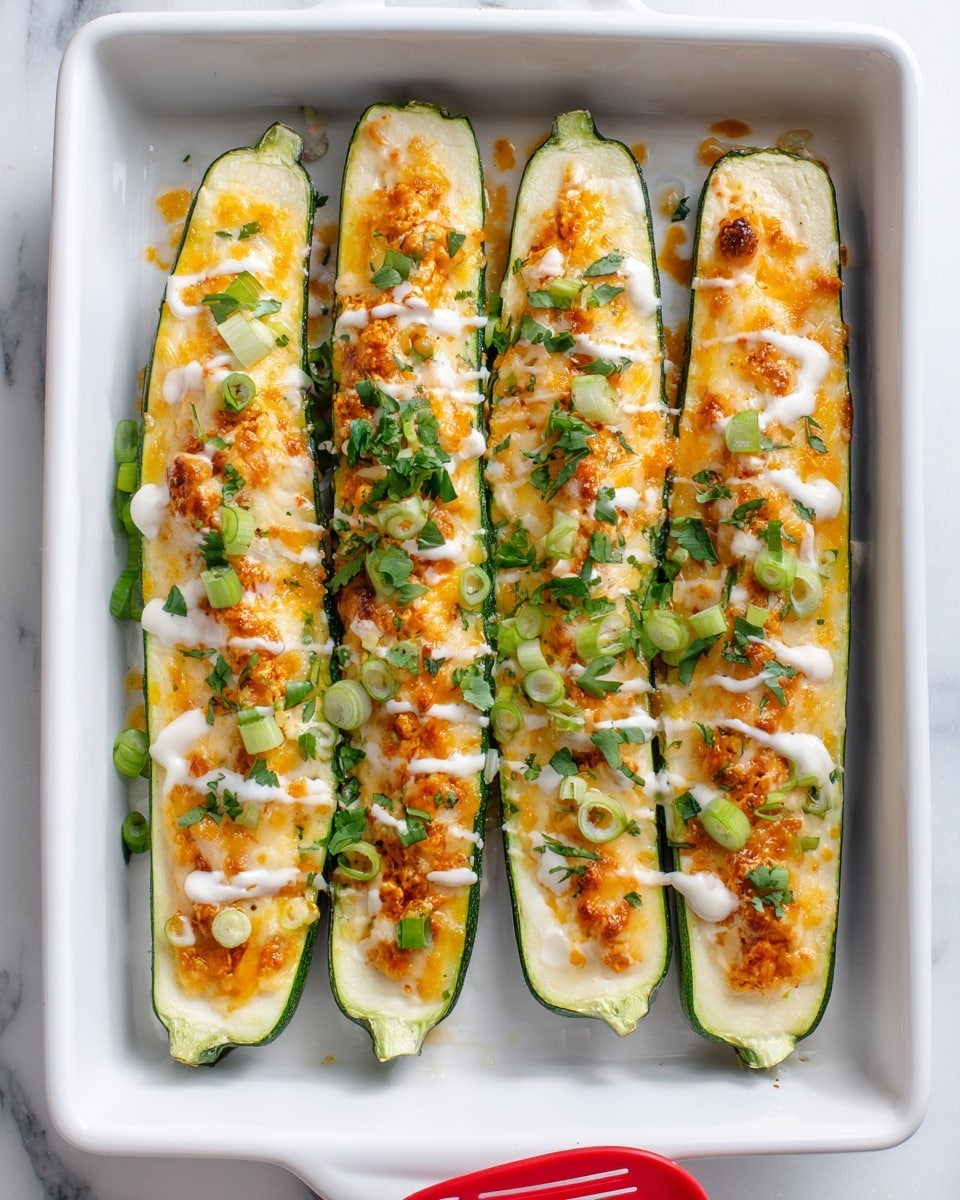 The image shows four zucchini halves placed side by side in a white baking tray on a white marbled surface. Each zucchini half is hollowed and filled with a mix that looks slightly orange and has a soft, textured surface. On top, there is a thick layer of melted white cheese covering the filling in a smooth, creamy way. White sauce is drizzled lightly on all the zucchini halves in thin lines. Fresh green chopped herbs and small green onion slices are sprinkled all over the top, adding contrast and freshness. A red spatula is under the lower right zucchini, ready to lift it. photo taken with an iphone --ar 4:5 --v 7