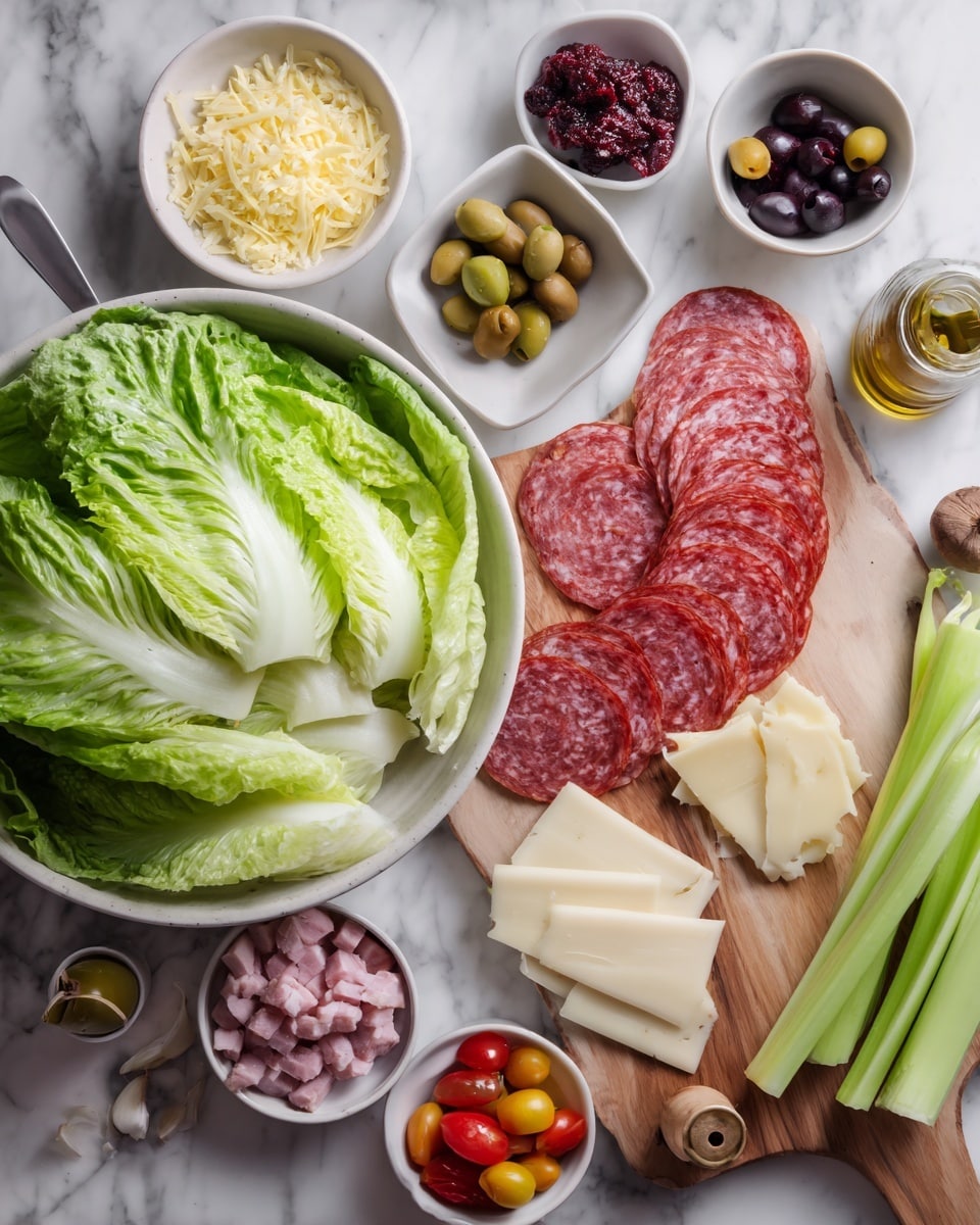 The image shows a wooden board in the center with several layers: the bottom layer is white marbled texture, and on the board are slices of red salami with white fat bits, overlapping to the right. On top of the salami are three white rounds of cheese with a smooth texture. To the left of the board, there is a small white bowl filled with yellow round nuts, and to the bottom left, a small white bowl with small pink cubes of meat. Above the board, there are fresh green celery sticks placed diagonally on the right side, next to the board. Above and left is a large black bowl holding three large green romaine lettuce leaves, with thick veins visible. To the top left, there is a halved red onion showing its white and purple rings. Above the black bowl are two small white bowls, one filled with sliced black olives and the other with a dark red paste. At the bottom right corner of the image, there is a woman's white hand holding a bottle next to two small bowls containing yellow pickled rings and dark red peppers, with garlic bulbs visible near the bottom left corner. The scene is set on a white marbled surface, and the lighting is bright and natural. photo taken with an iphone --ar 4:5 --v 7