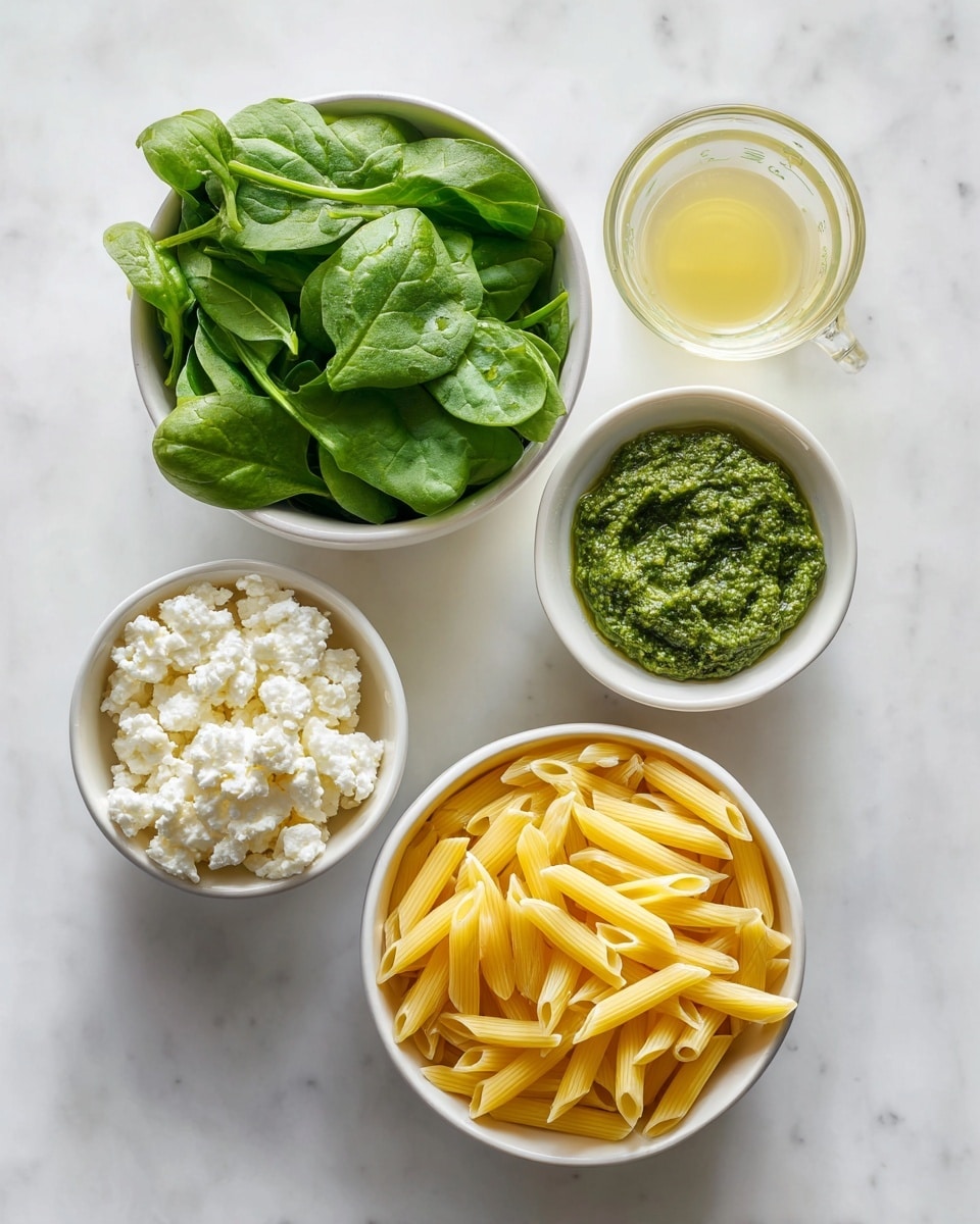 The image shows five containers with different ingredients on a white marbled surface. At the bottom, there is a large white bowl filled with uncooked yellow penne pasta. Above it to the left is a white bowl with fresh green spinach leaves. To the right of the spinach, there is a clear glass measuring cup filled with pale greenish liquid. Below the measuring cup, there is a small white bowl with a green pesto sauce, and to its left, a white bowl filled with white cottage cheese. The containers are neatly arranged in a casual, flat lay style. Photo taken with an iphone --ar 4:5 --v 7