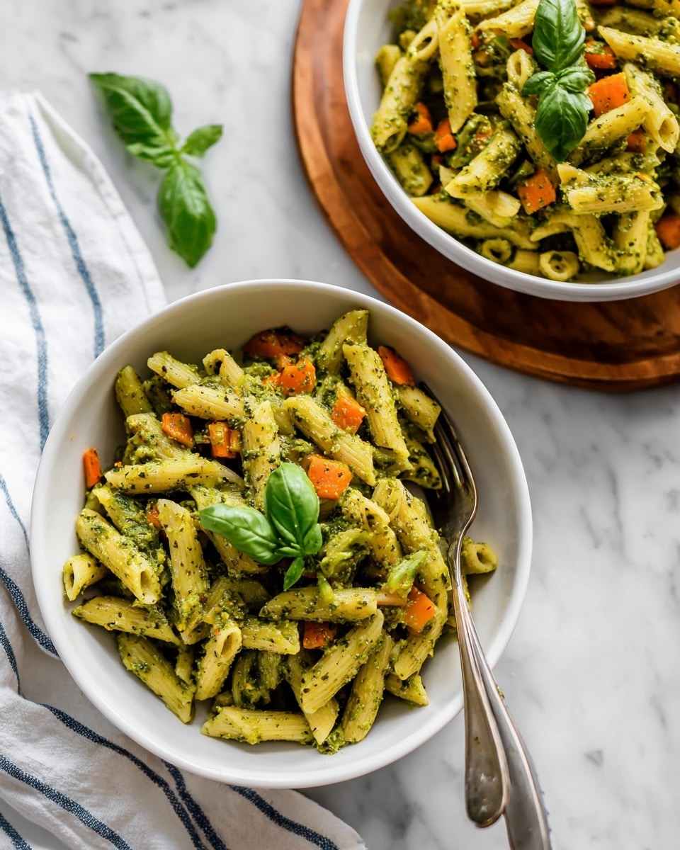 Two white bowls on a white marbled surface, each filled with three layers: at the bottom is light brown penne pasta, in the middle are small green vegetables, and on top are golden brown roasted vegetable cubes with a green pesto sauce coating everything. The front bowl has a small green basil leaf garnish in the center. There is a white and blue striped cloth with a fork and knife on the left side near the bowls. The back bowl is placed on a small round wooden board. Photo taken with an iphone --ar 4:5 --v 7
