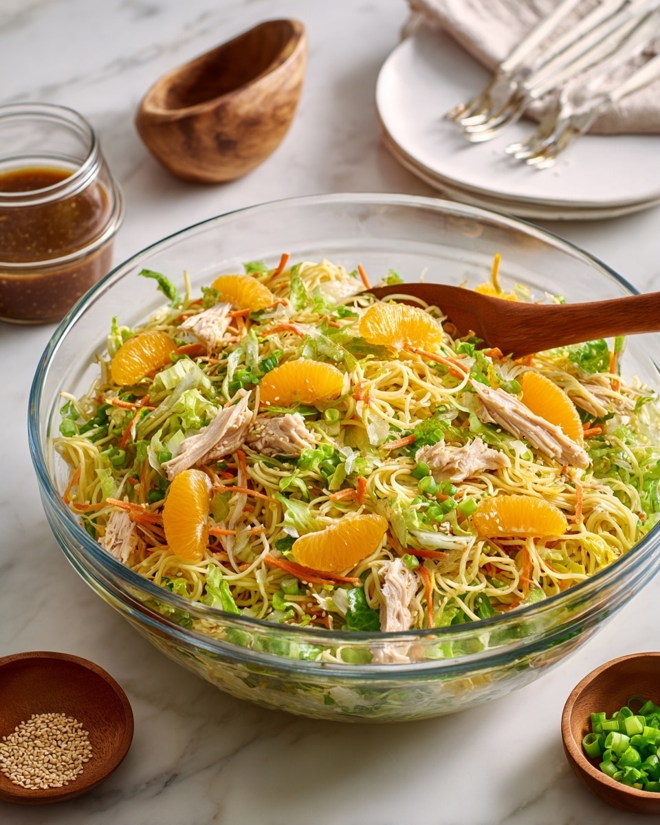 A large clear glass bowl filled with a layered salad consisting of light yellow noodle-like strips as the base, mixed with chunks of light pink chicken pieces, bright orange mandarin slices, thin orange carrot strips, and green lettuce leaves, all tossed together. Two dark wooden salad spoons rest inside the bowl, partially submerged in the salad. Surrounding the bowl on a white marbled surface are small wooden bowls with chopped green onions and sesame seeds, a glass cup with a brown dressing, a white plate with white forks stacked on it, and a white and grey patterned cloth. Photo taken with an iphone --ar 4:5 --v 7