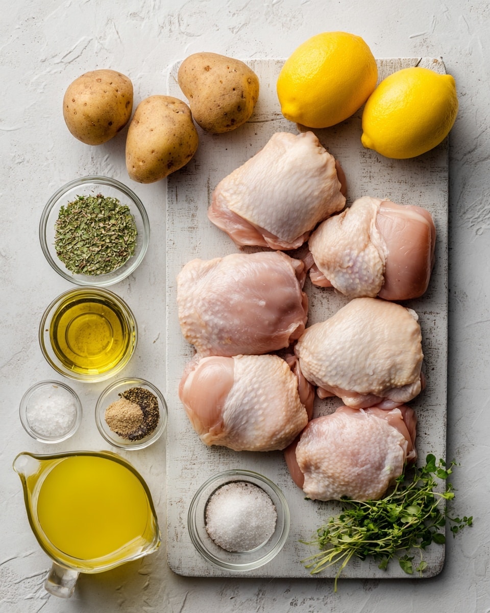 The image shows raw chicken pieces arranged neatly on a white marbled cutting board on the right side, eight pieces in total, with pale pink skin and visible texture. To the left, three whole potatoes with a rough brown skin are placed on the white marbled surface, along with two bright yellow lemons and a whole garlic bulb. There are small clear glass bowls filled with different spices: one with black pepper, one with coarse salt, one with dried green herbs, one with a reddish powder, and one with a light-colored powder. There are two glass jugs, one holding golden olive oil near the top middle and another with a light yellow liquid near the bottom left. Fresh green herb sprigs lie below the spices, enhancing the natural and fresh feel of the ingredients. The whole setup is on a clean white marbled surface. Photo taken with an iphone --ar 4:5 --v 7