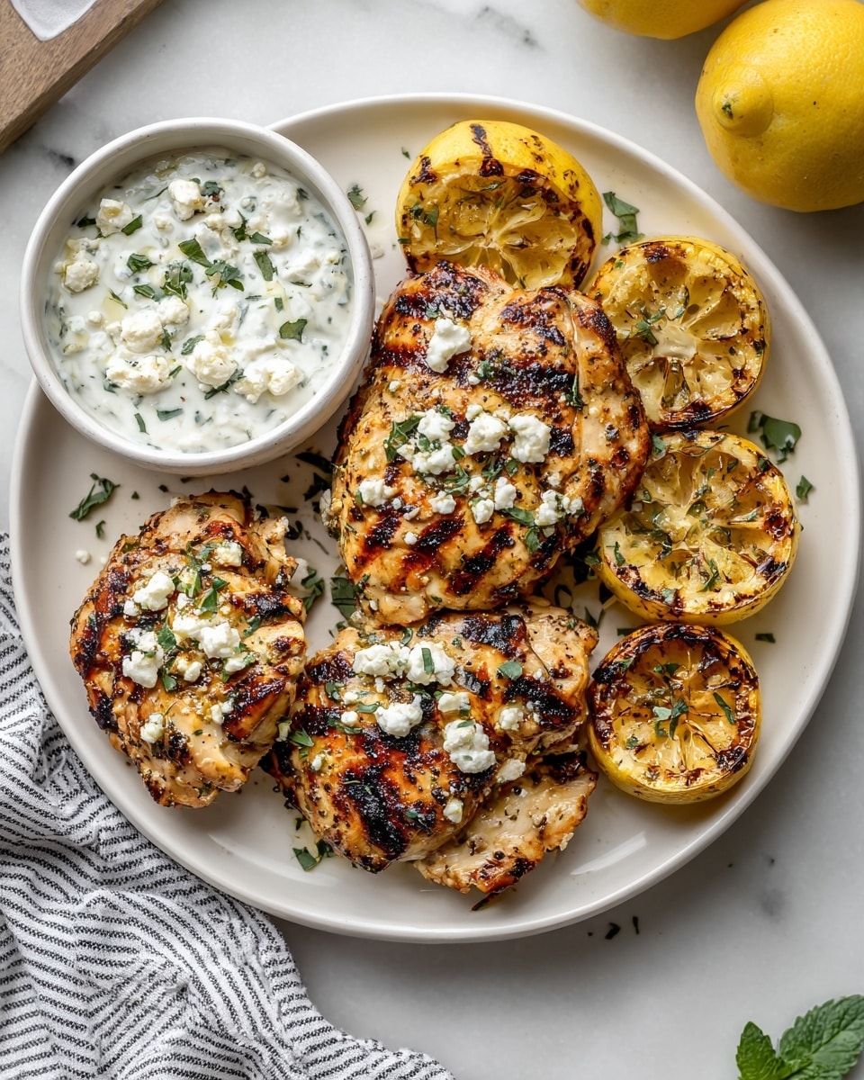 On a white plate with a white marbled surface background, there are three grilled pieces of chicken with dark grill marks and a golden-brown char on the outside, each sprinkled with small white crumbles of cheese and fresh green herbs. Around the chicken, there are four pieces of grilled lemon halves, showing a caramelized, slightly charred yellow surface. To the left side of the plate, a small white bowl holds a creamy white sauce flecked with small green herbs. Some fresh herb sprigs are scattered on the plate and around the grilled items, adding a fresh green touch. Photo taken with an iphone --ar 4:5 --v 7