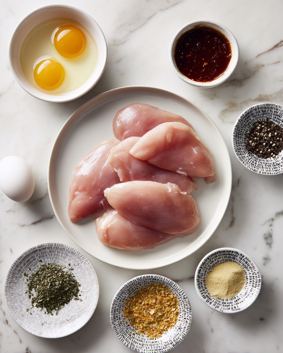 The image shows various cooking ingredients arranged neatly on a white marbled surface. In the center, there is a white plate holding four raw chicken fillets that are light pink and smooth. Surrounding the plate, there are eight small bowls with different contents: one bowl has two cracked eggs with bright yellow yolks, another contains a dark reddish-brown sauce, and the rest have different spices in light yellow, green, beige, black, and brown shades. Additionally, there is a transparent glass bowl filled with crushed yellow cornflakes, and a small dish with black pepper specks. The bowls have intricate black and white patterns or simple white designs, all placed symmetrically, creating a clean and organized cooking setup photo taken with an iphone --ar 4:5 --v 7